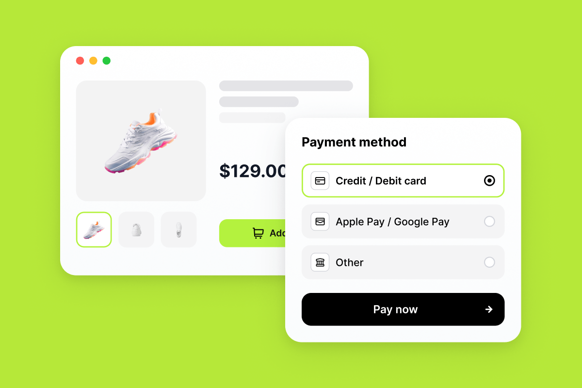 E-commerce interface displaying a running shoe product and various payment method options.