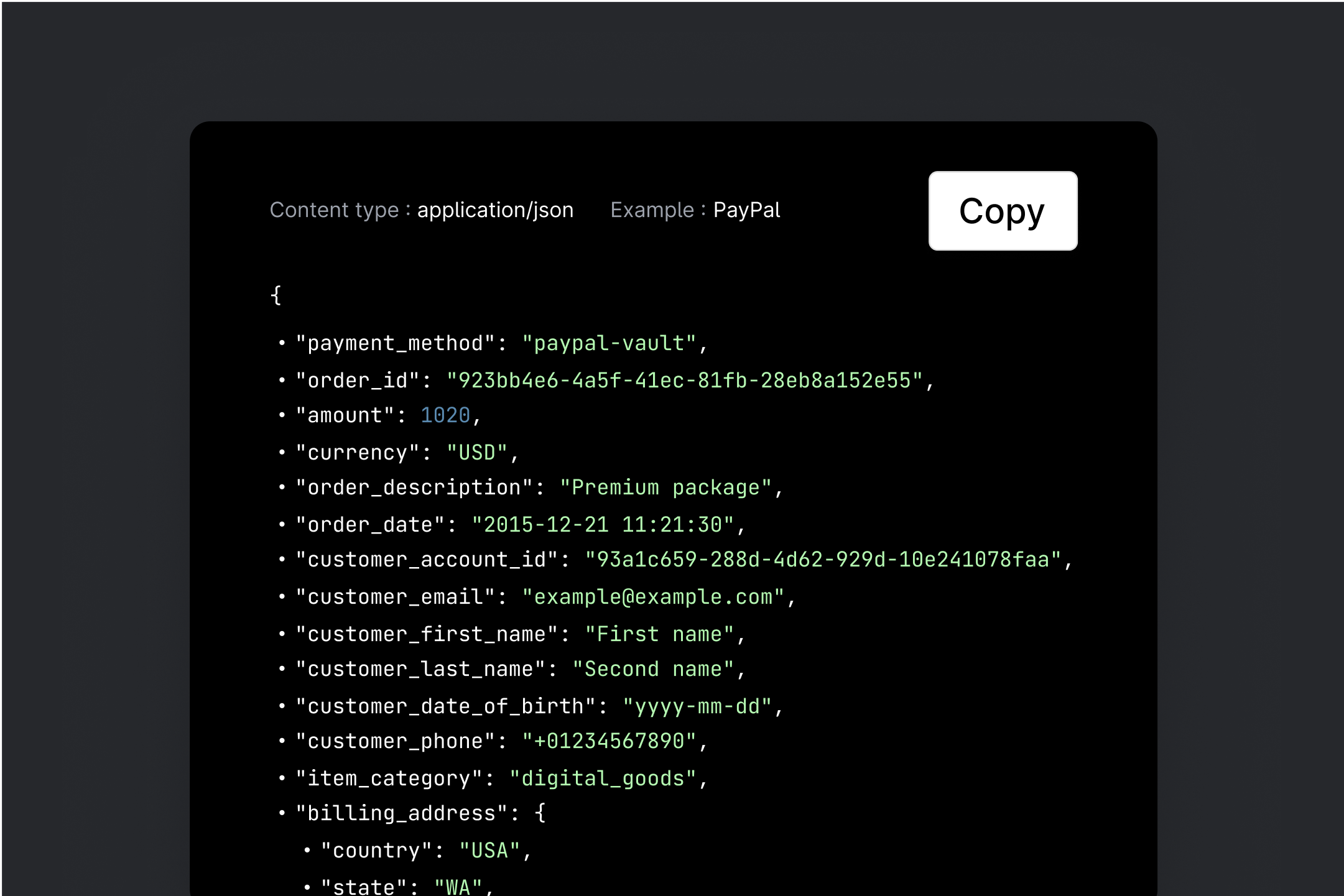 API code snippet for a PayPal payment request, displayed in dark mode with “Copy” button.