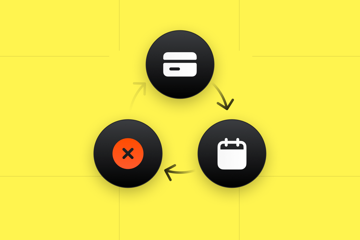 Three circular icons depict a process: credit card, calendar, and red 'X' symbol.