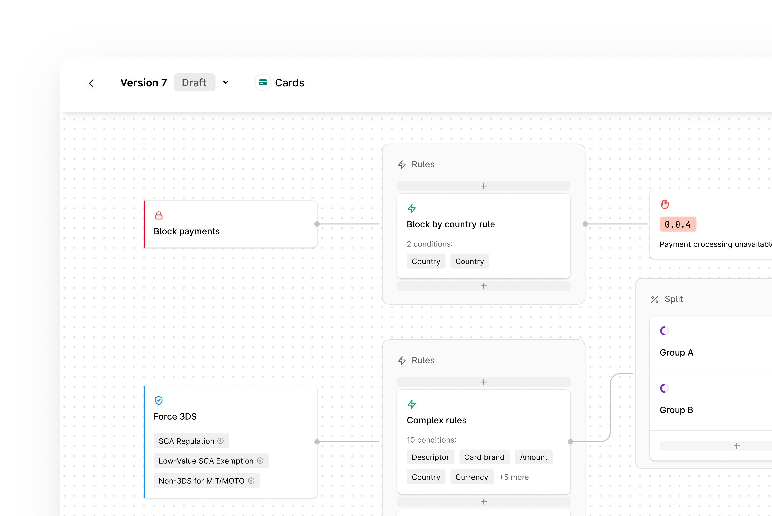 Visual editor for configuring payment processing logic with connections.