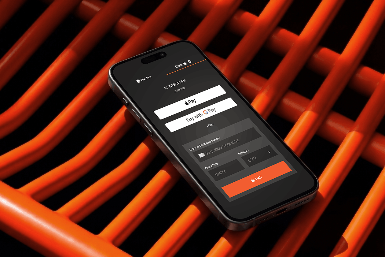 Mobile checkout screen showing PayPal, Apple Pay, and Google Pay payment options for a 12-week subscription plan