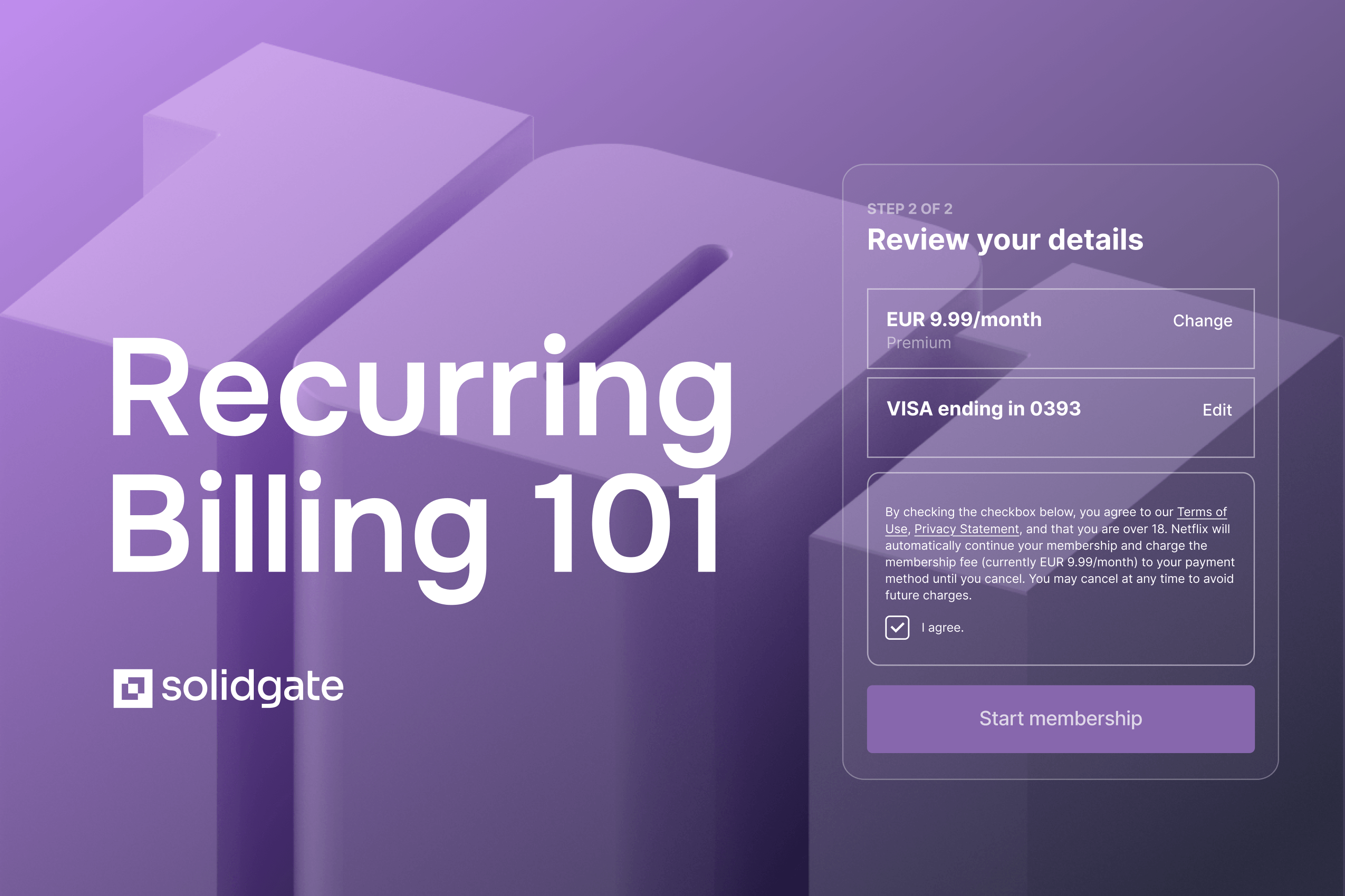 Text: Recurring billing 101, white Solidgate logo, an illustration of a subscription checkout page