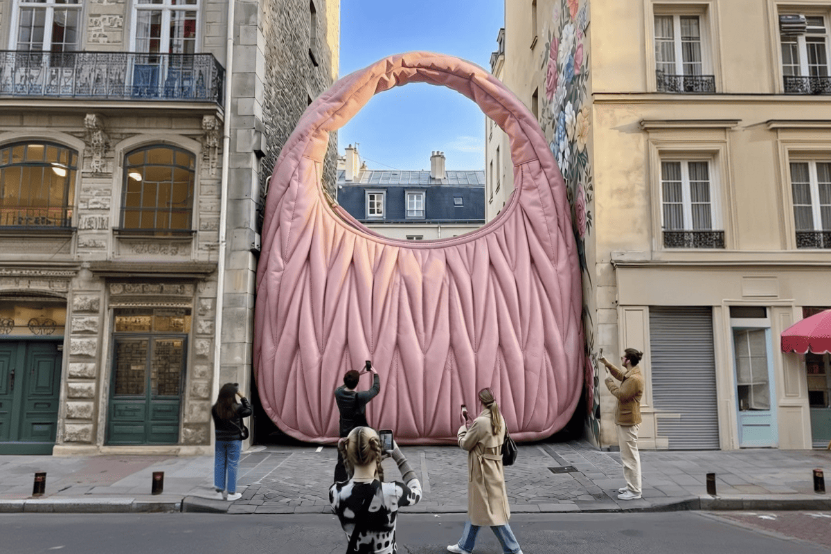 A gigantic pink quilted handbag sculpture stands between old buildings with people photographing it.