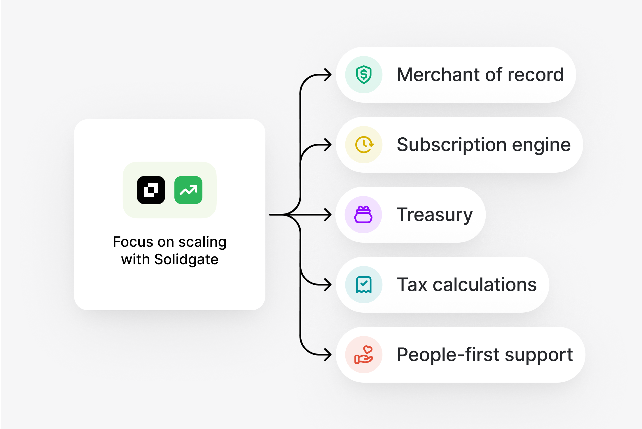 Solidgate features diagram, illustrating focus areas like treasury, tax, support, and subscription.