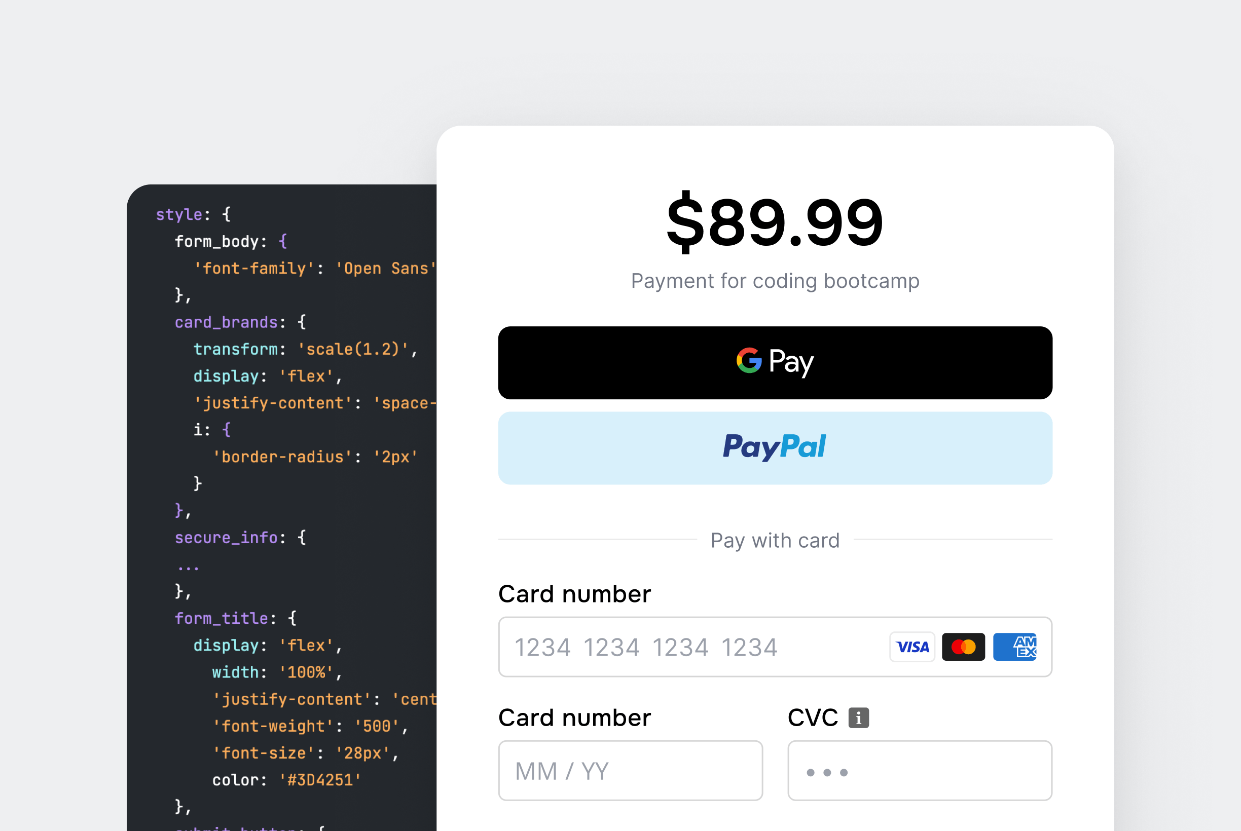 Payment window for $89.99 bootcamp with Google Pay, PayPal, card input, and CSS code preview.