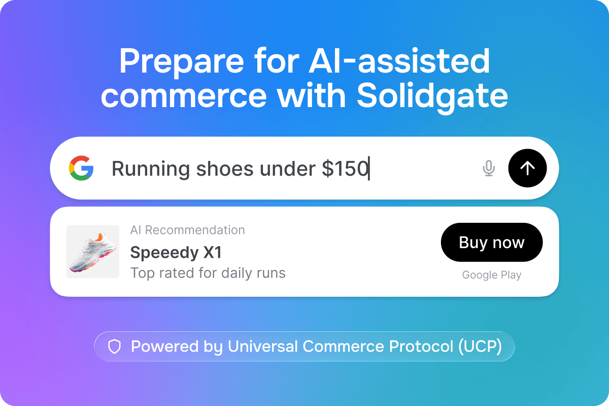 Solidgate's AI commerce display: Google search for running shoes and a product recommendation.