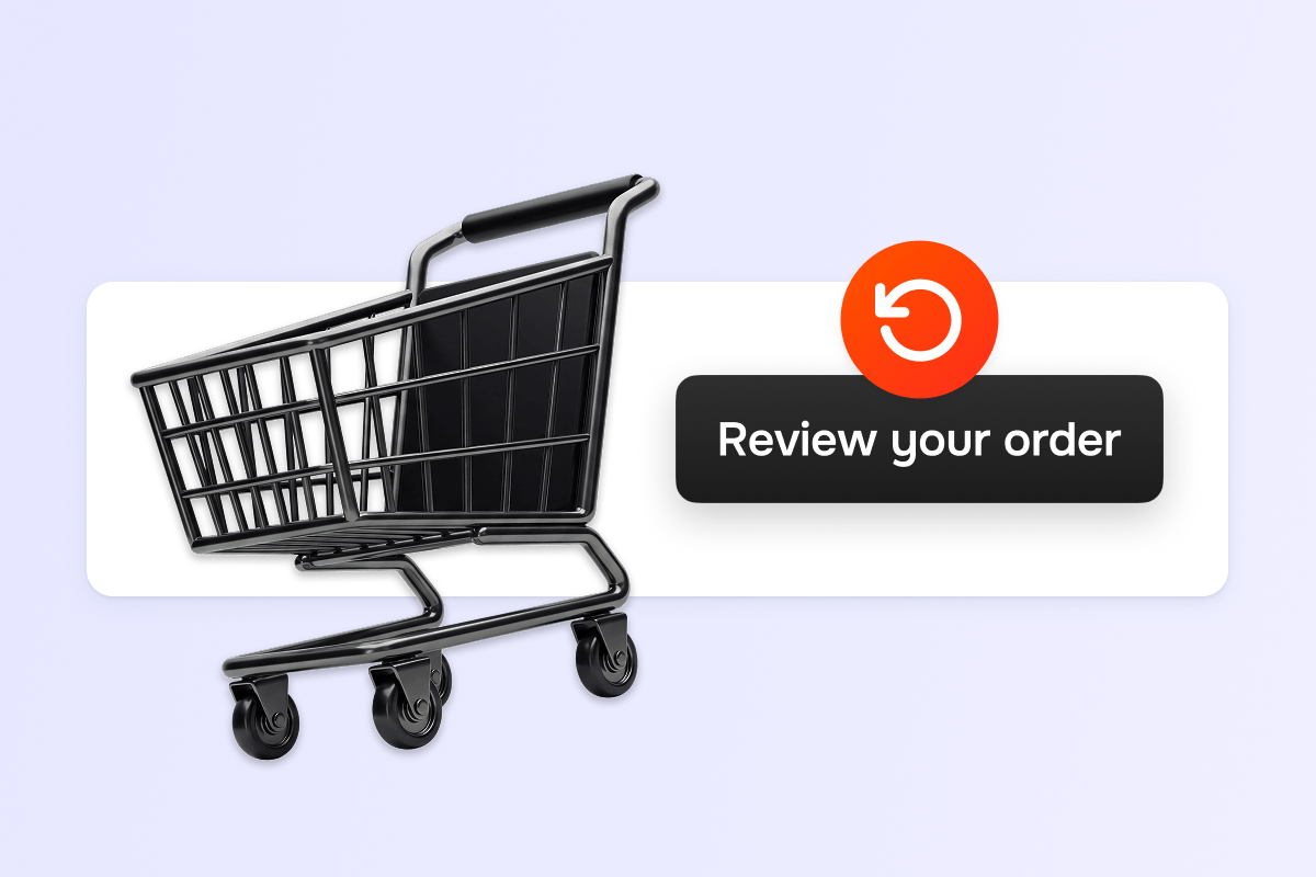 A shopping cart with a "Review your order" recovery prompt, illustrating the concept of cart abandonment and recovery in e-commerce.