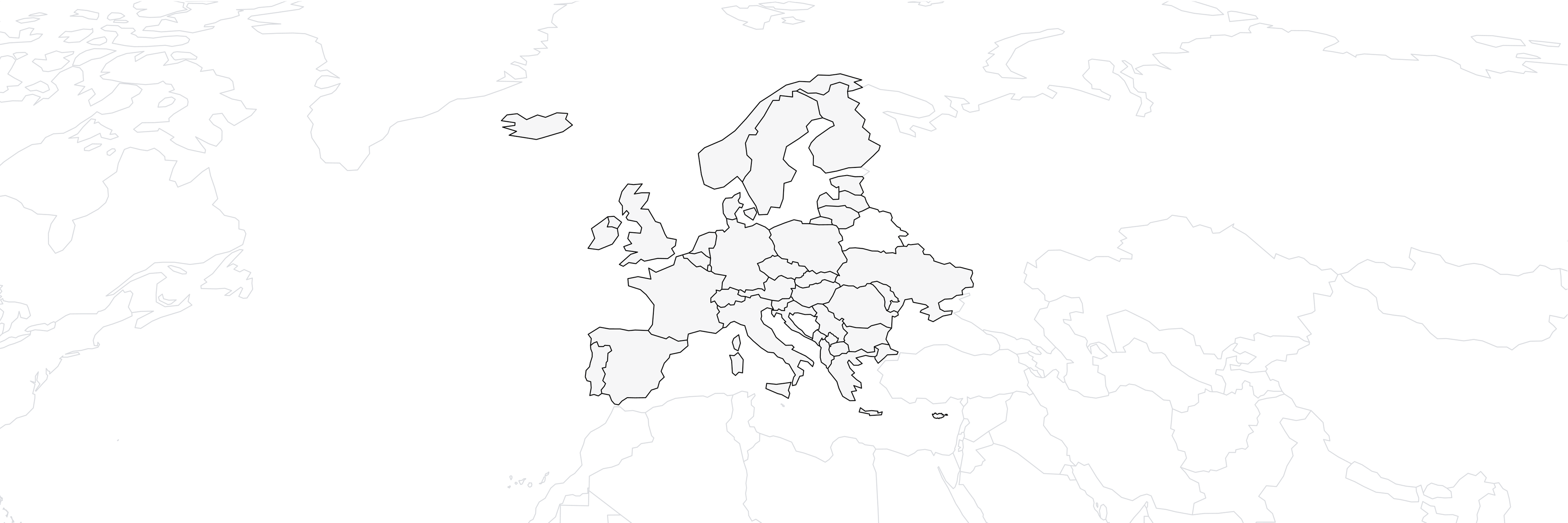 Minimalist, faint outline map showing country borders within Europe in light gray.
