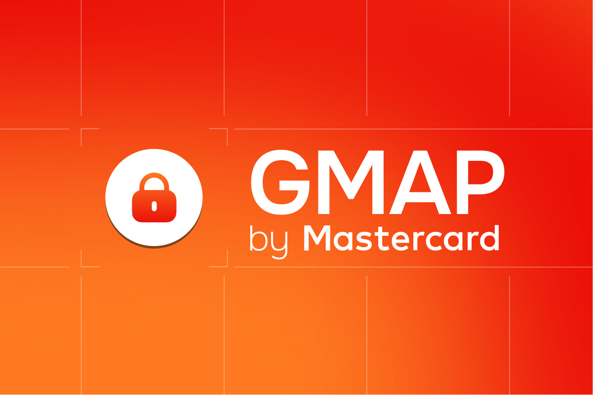 GMAP by Mastercard featuring a red padlock icon on an orange gradient background.