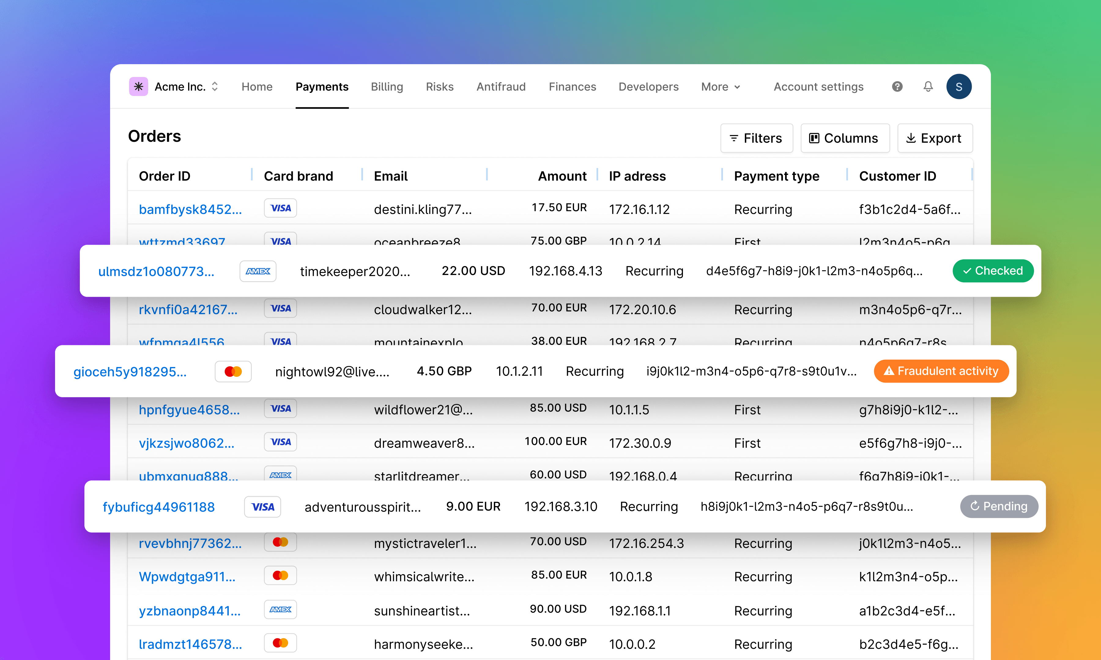 Order detail table showing payment type, card email, IP, and transaction status indicators.