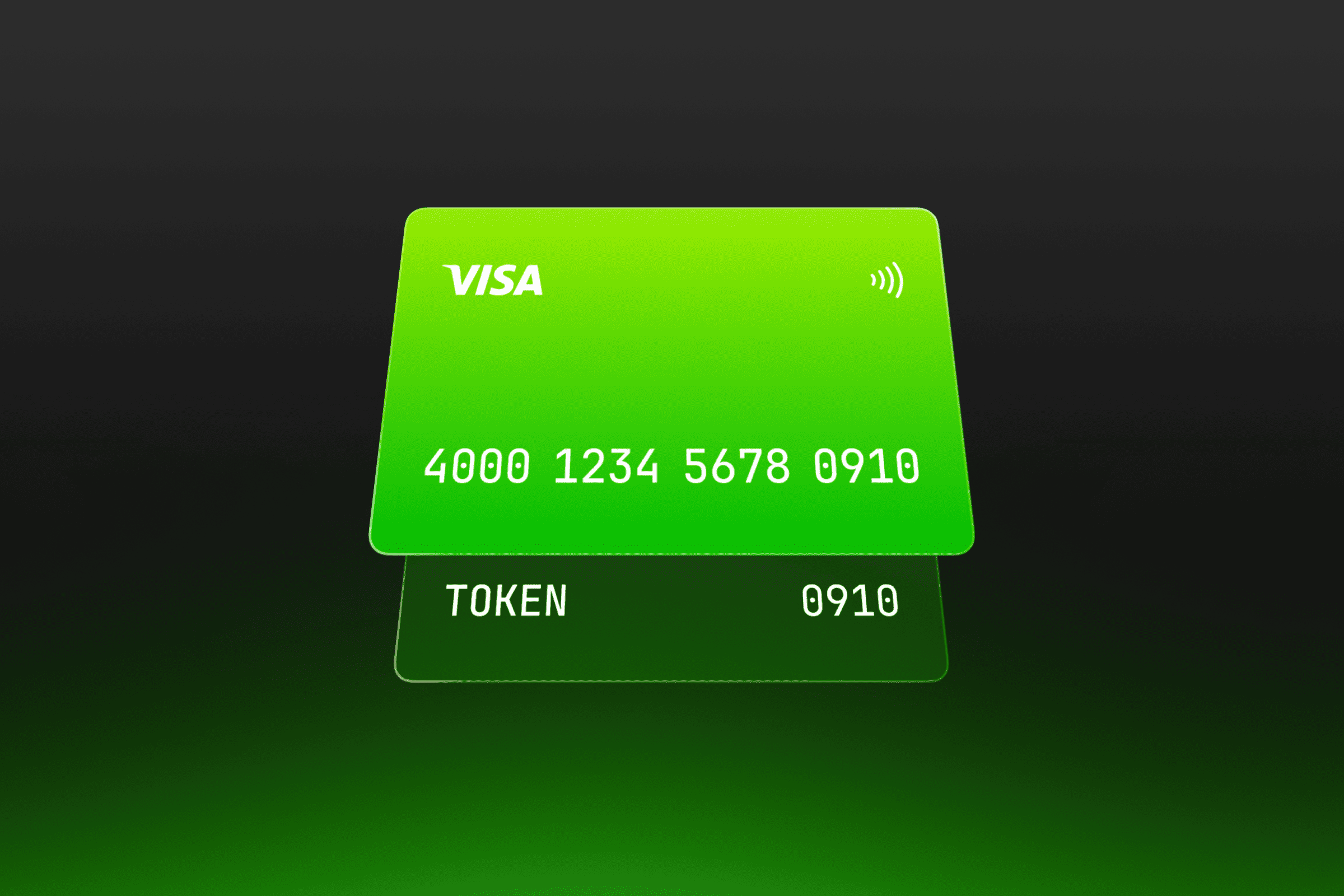 A vibrant green Visa credit card representing network tokenization with a contactless payment symbol and partial number.
