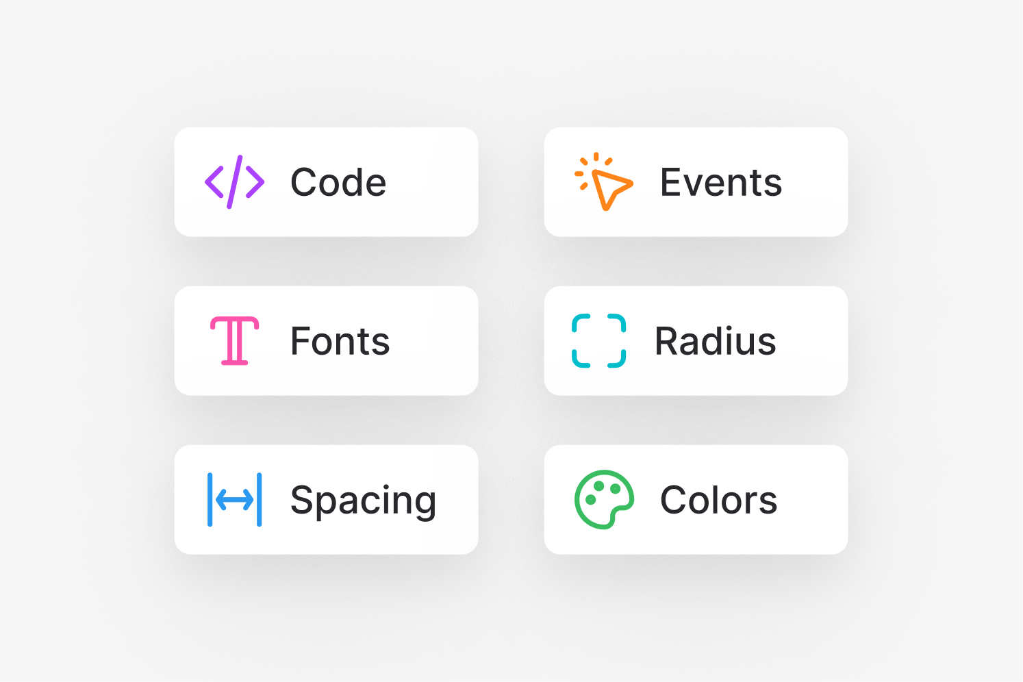 Toolbar with icons for code, events, fonts, radius, spacing, and colors customization.