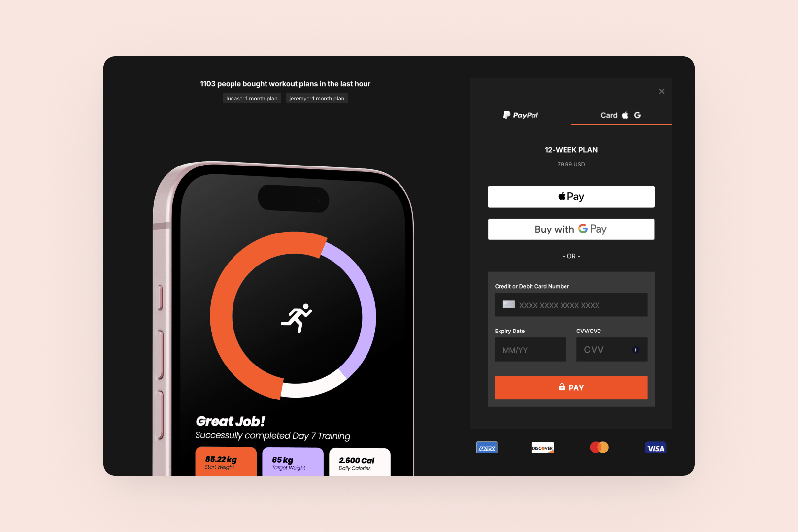 Website displaying a fitness app on a smartphone and a PayPal payment checkout process.