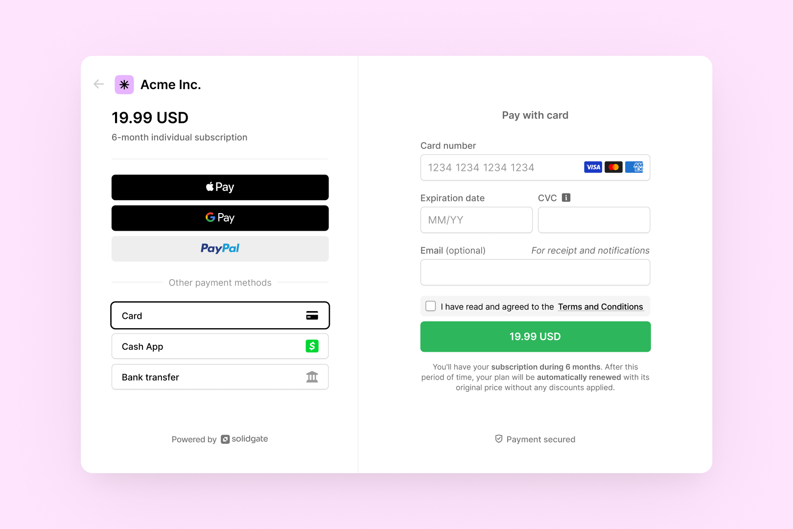 Payment checkout screen showing subscription details, various payment methods, and a credit card form.