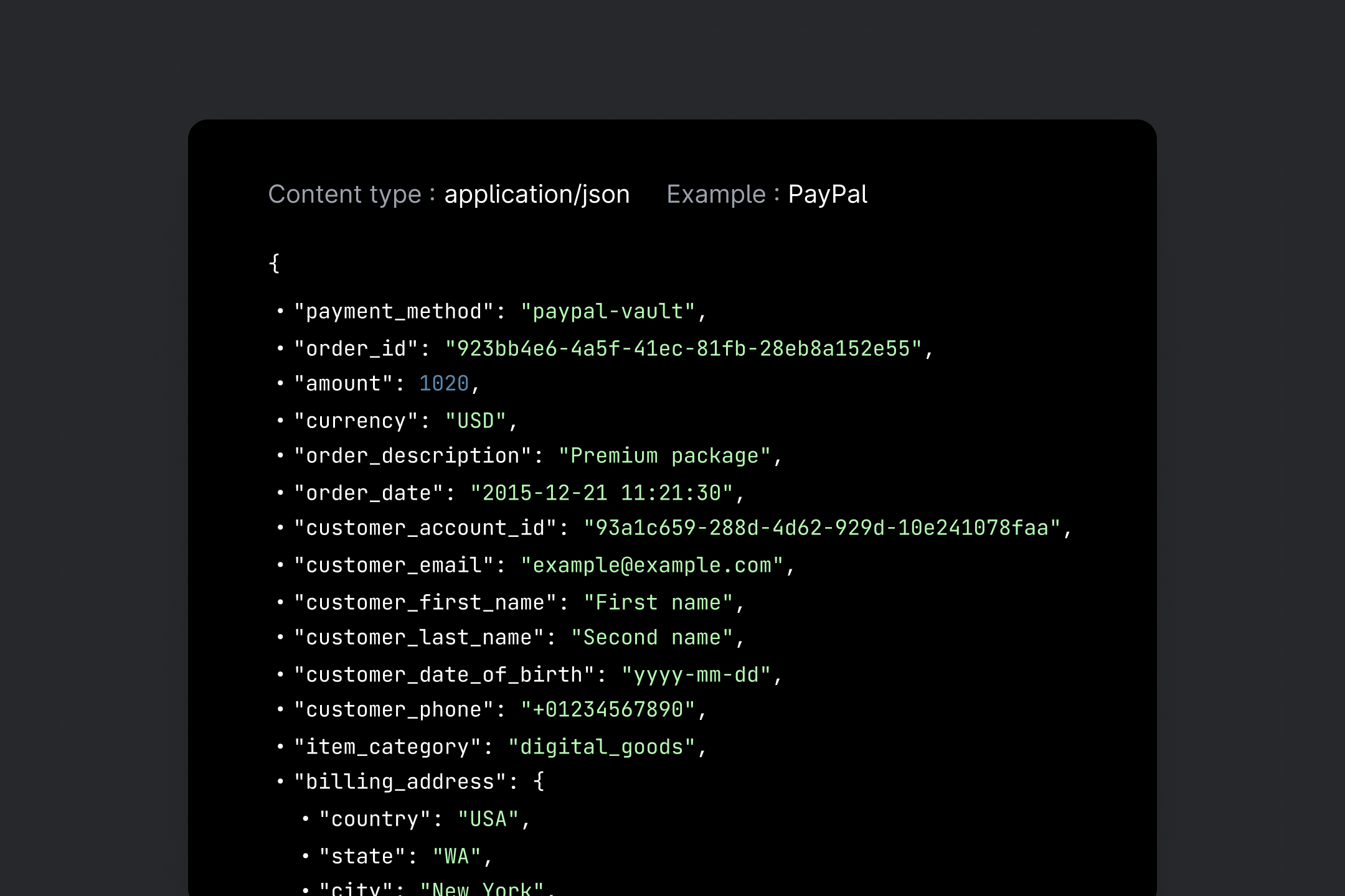 A dark-themed code sample panel showing a JSON request example.