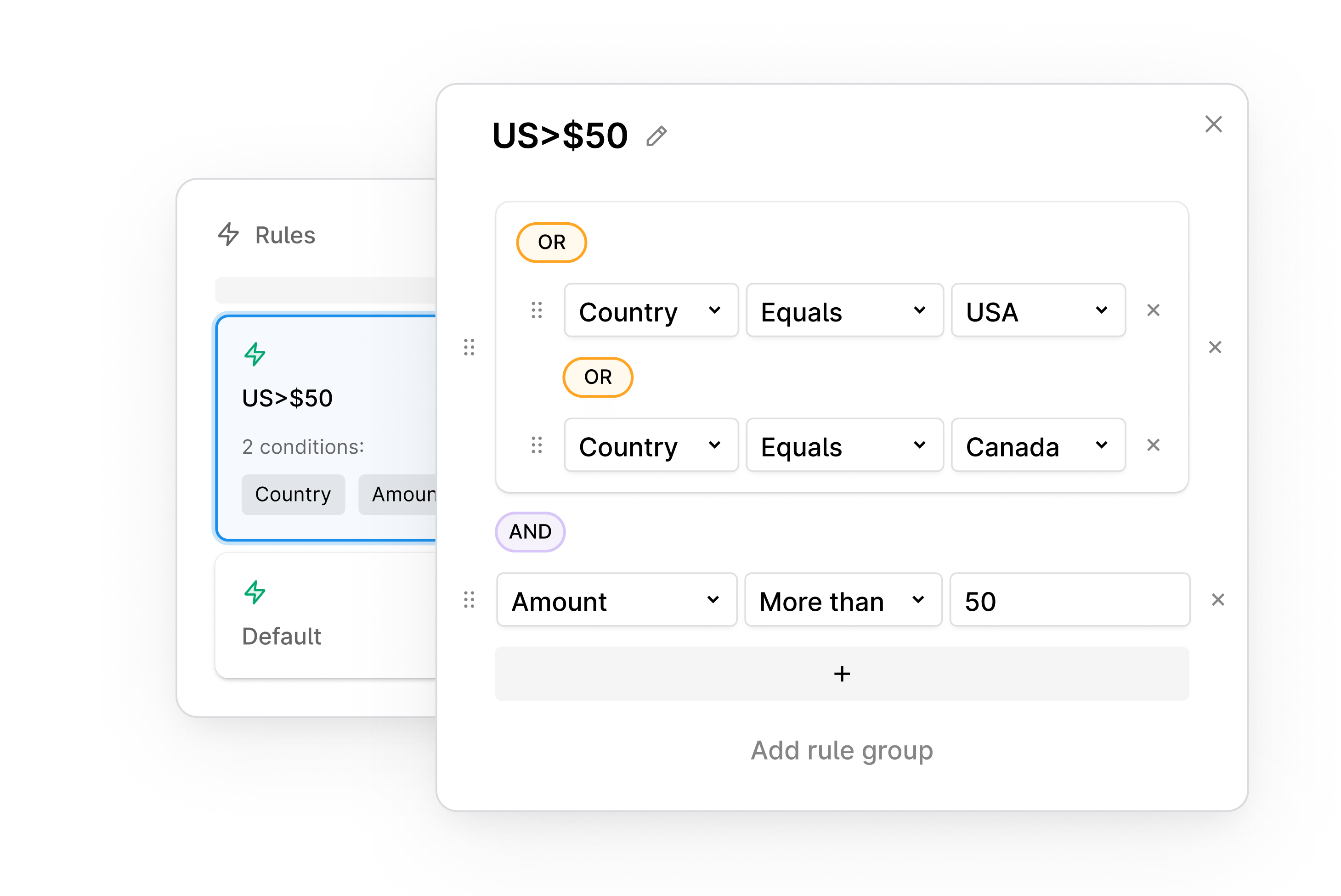 Rule editor with payment routing conditional statements for country and transaction amount over $50.