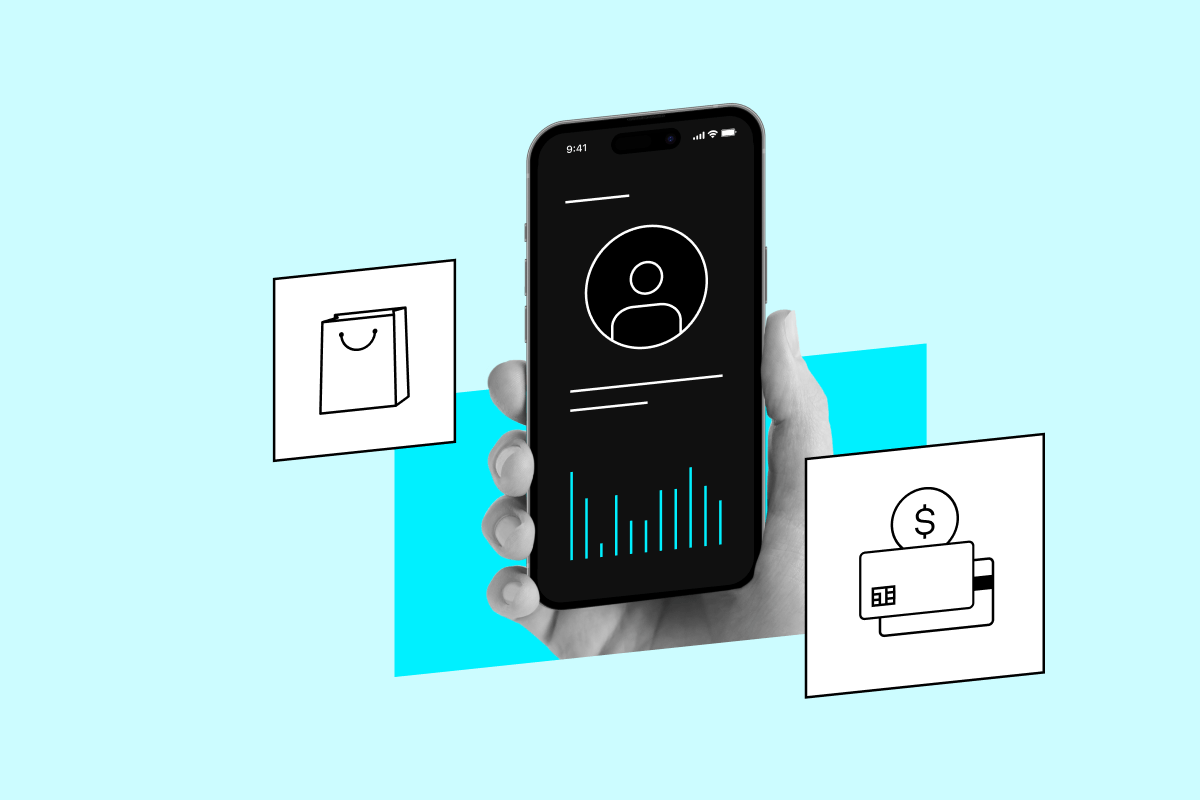 A hand holds a smartphone displaying a user profile and chart, with shopping bag and digital payment icons on a blue background.