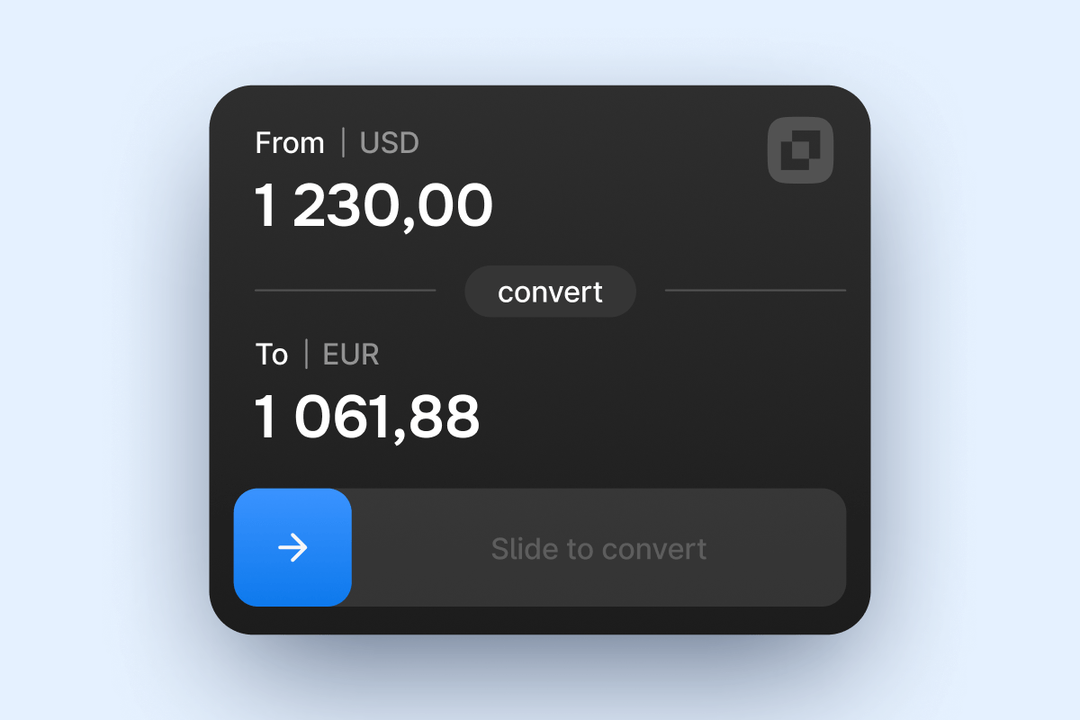 Currency converter widget showing 1230 USD converting to 1061.88 EUR.
