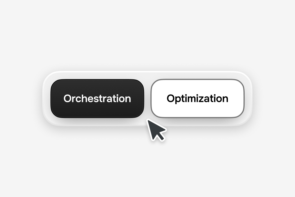 A UI segment control showing 'Orchestration' selected, with a cursor hovering over 'Optimization'.