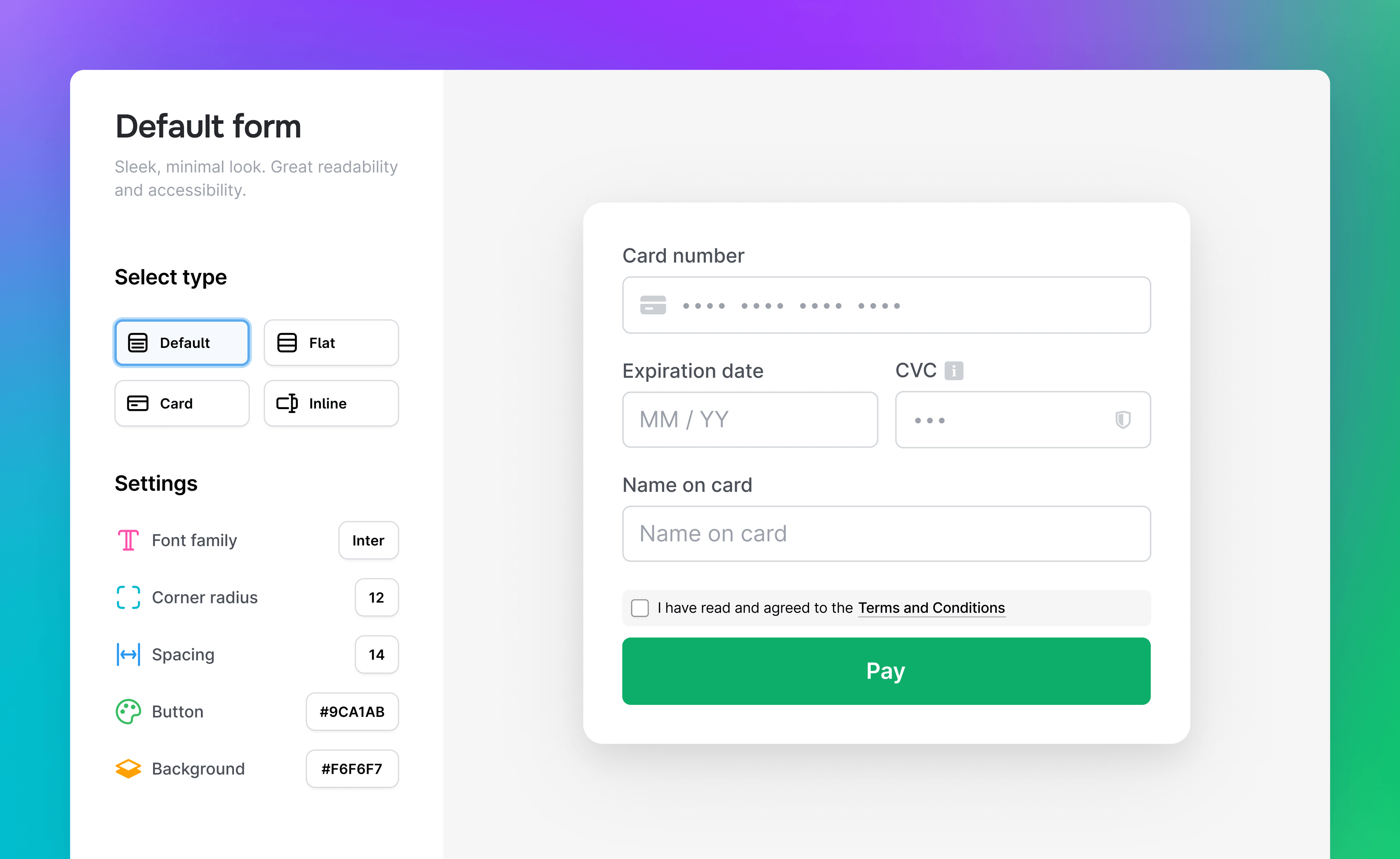 Payment form builder for card payment, left pane shows options for input and style controls.