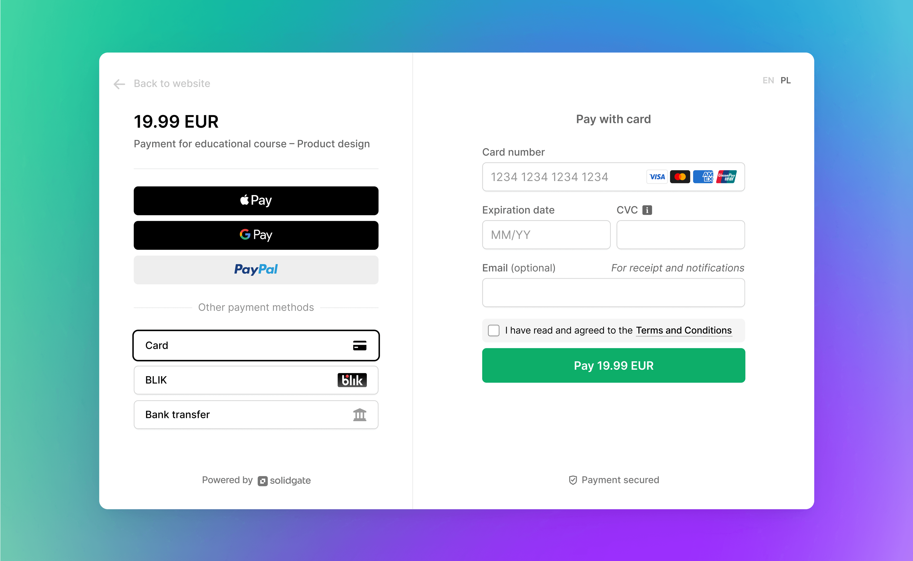 Online payment checkout with card, Apple Pay, Google Pay, and PayPal options.