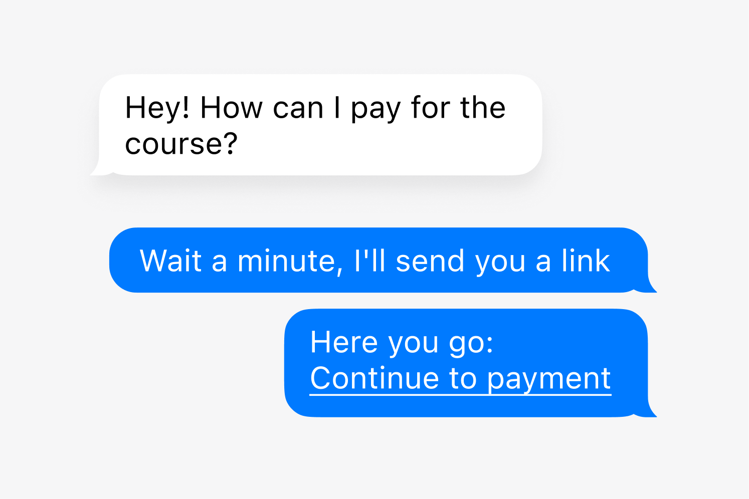 Text message chat with a link for course payment, response highlighted in blue.
