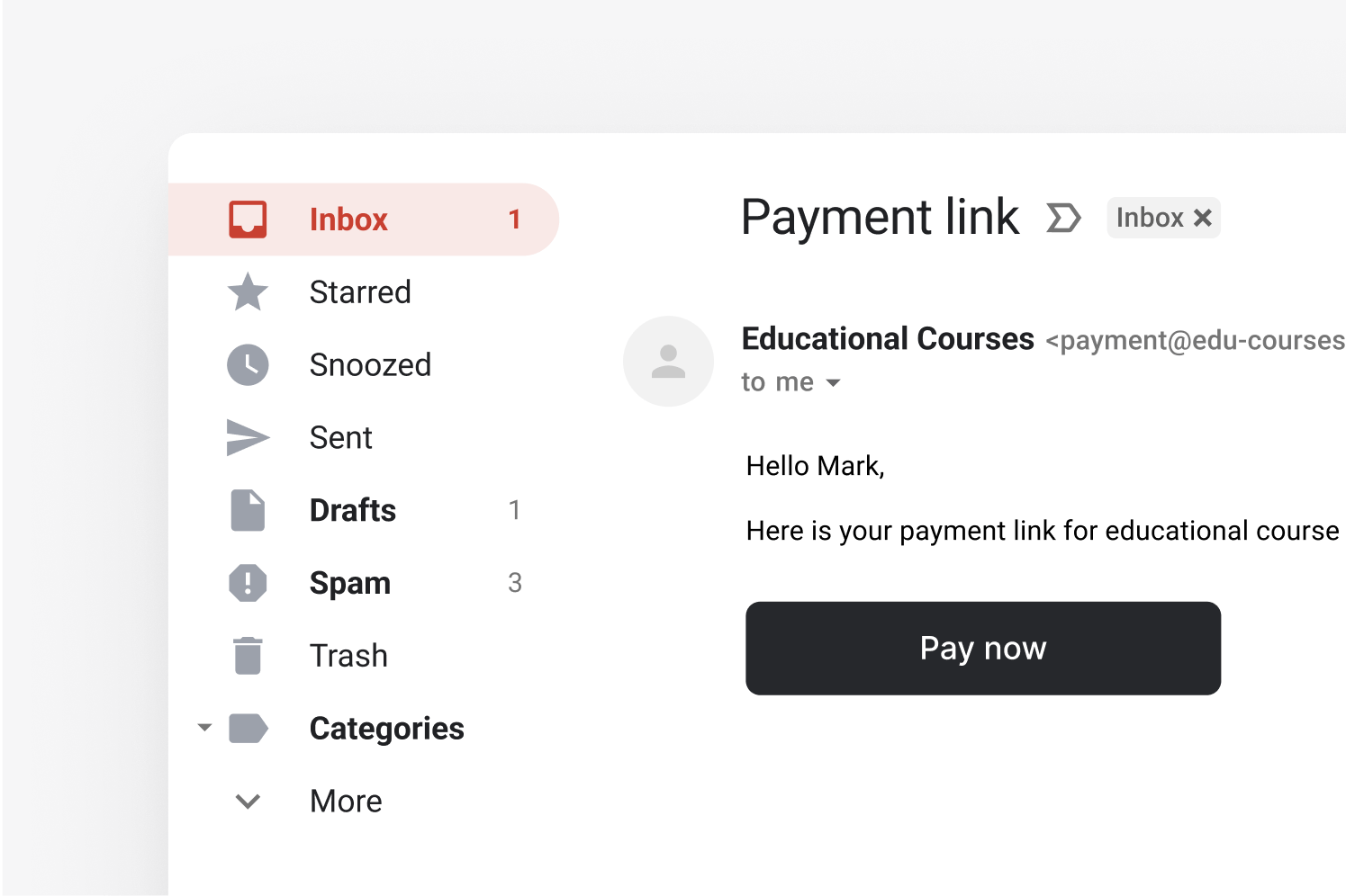 Email payment link for online courses, visible in the inbox with one unread draft.