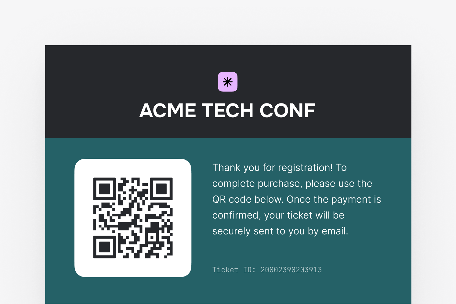 Tech conference QR code and event details, purple icon and thank you message.