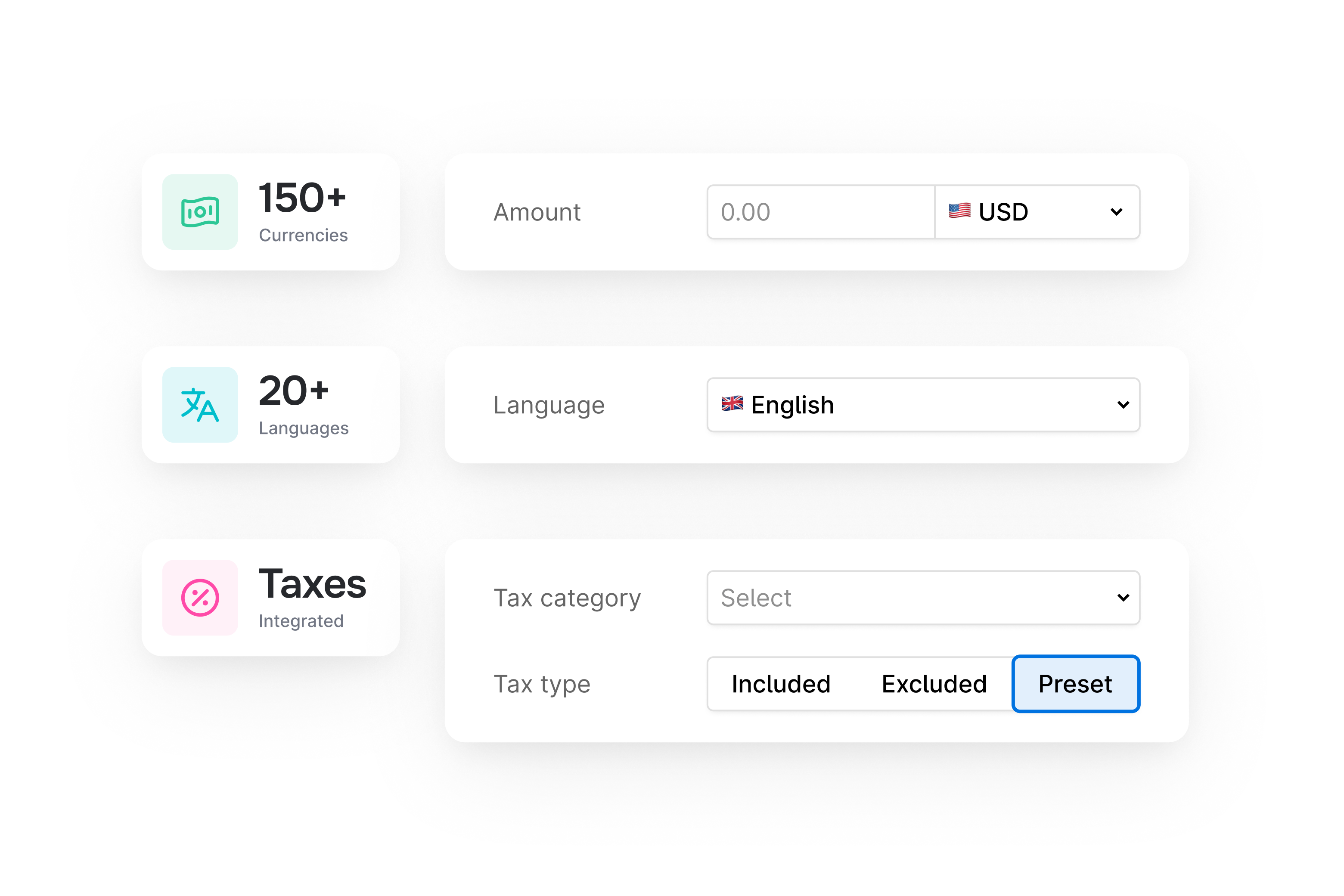 Currency, language, and tax configuration panel showing 150+ currencies, 20+ languages.