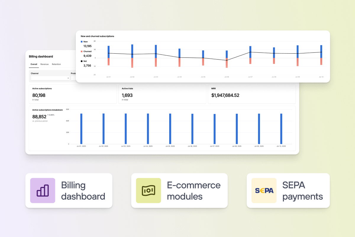 A digital dashboard displays charts and metrics for billings and subscriptions, with icons labeled Billing dashboard, E-commerce modules, and SEPA payments below.