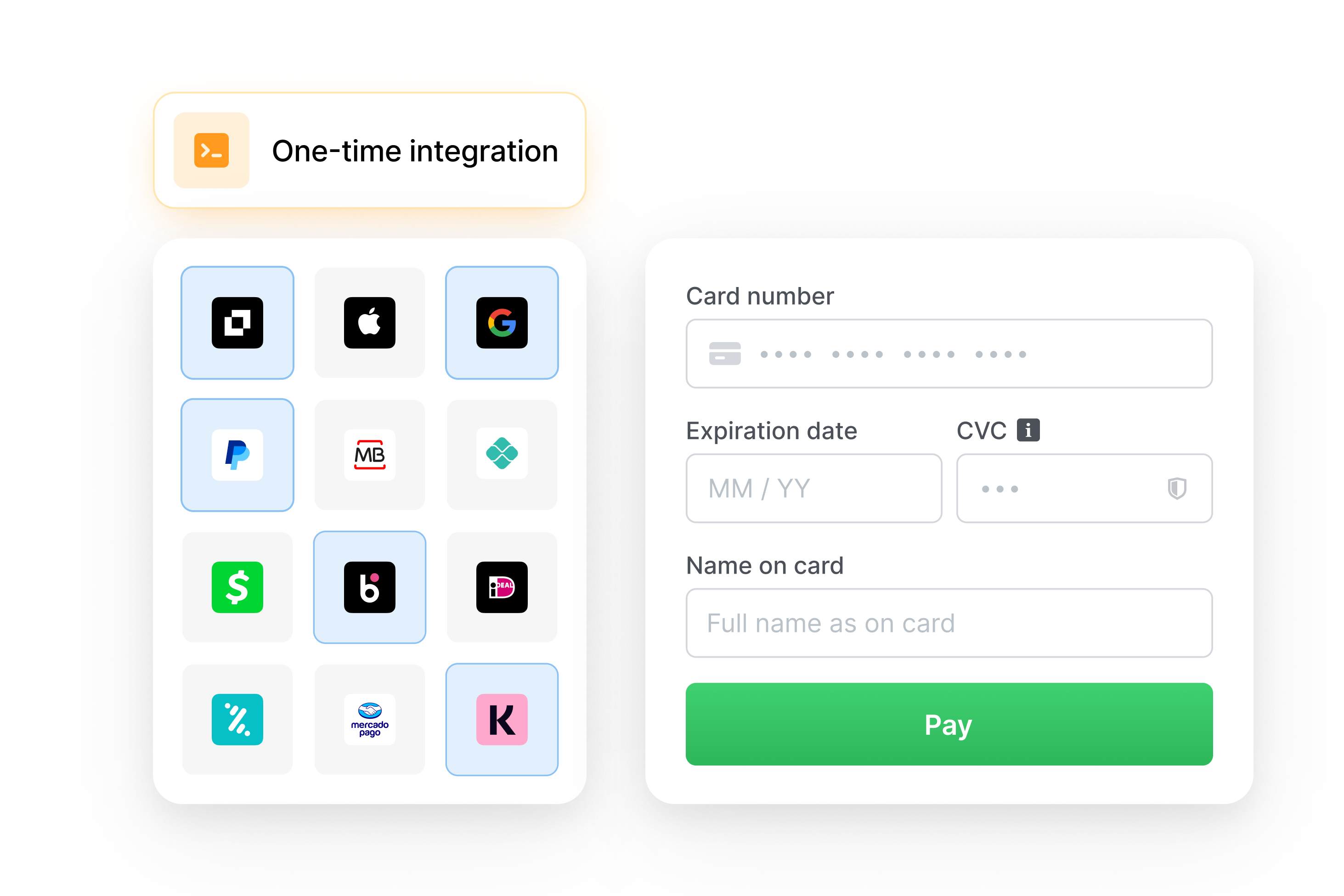 One-time integration UI with grid of payment icons and card entry form on the right.