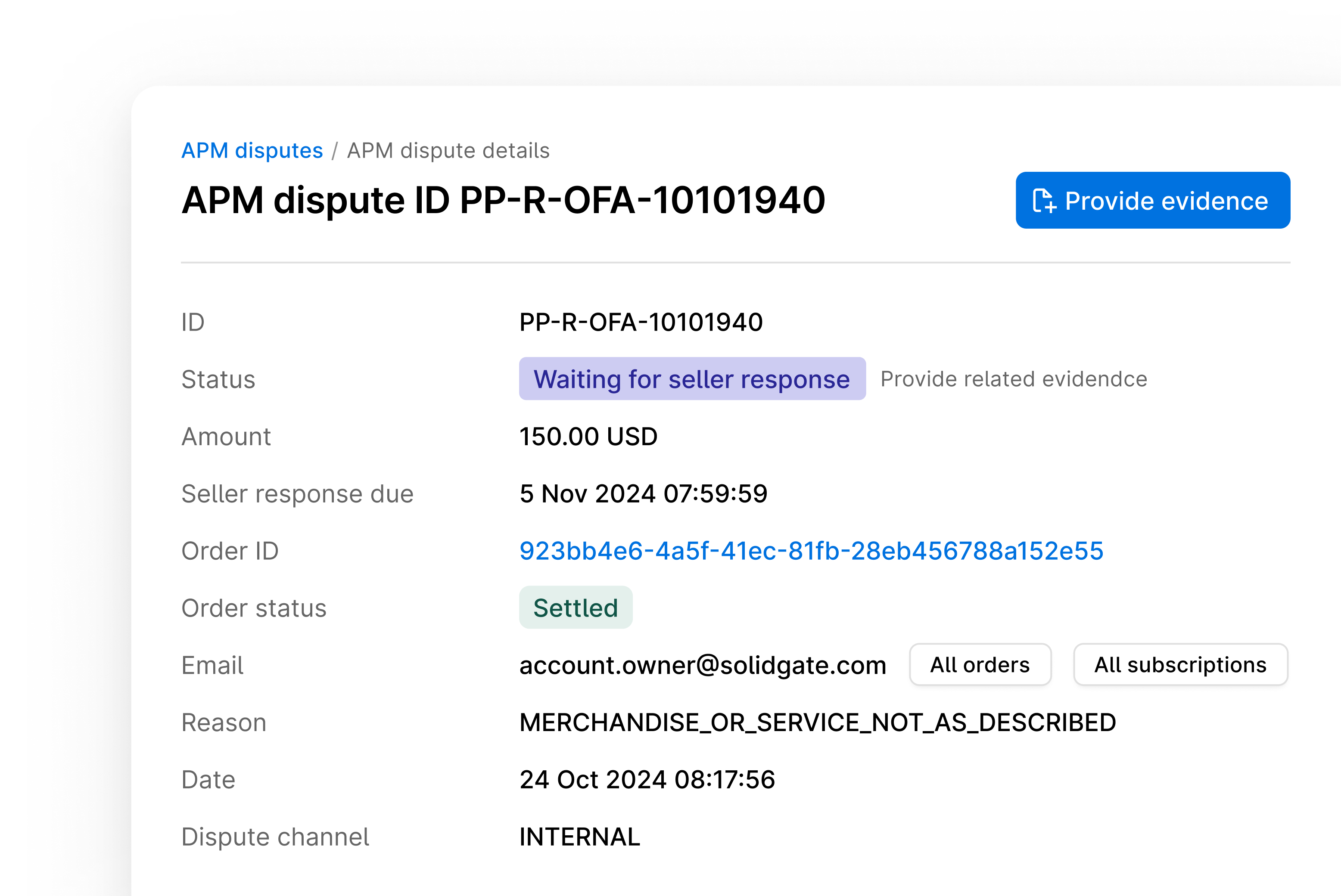 Dispute information page highlighting waiting status and evidence upload button.