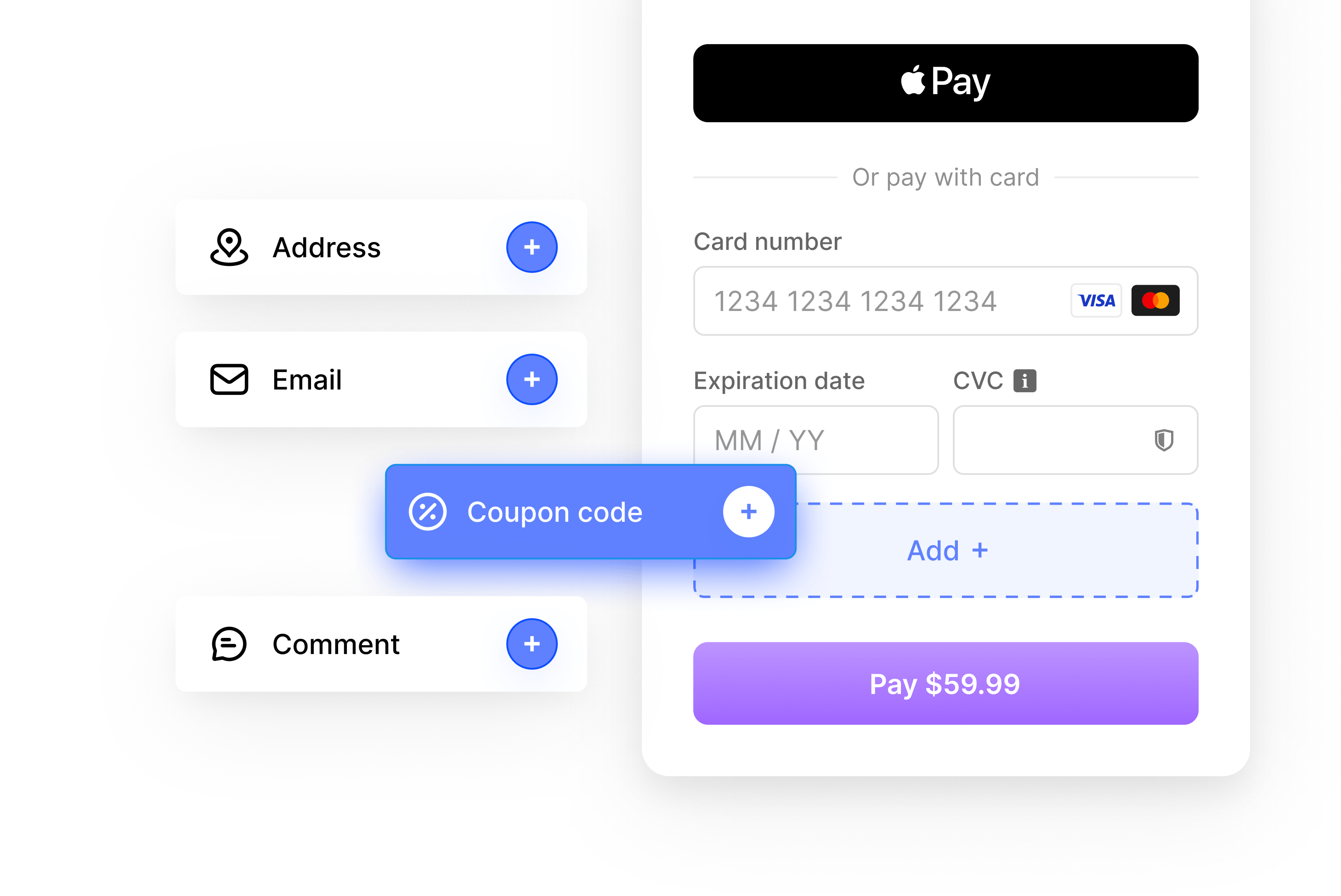 Card form with Apple Pay, plus fields for address, email, comment, and blue coupon input.