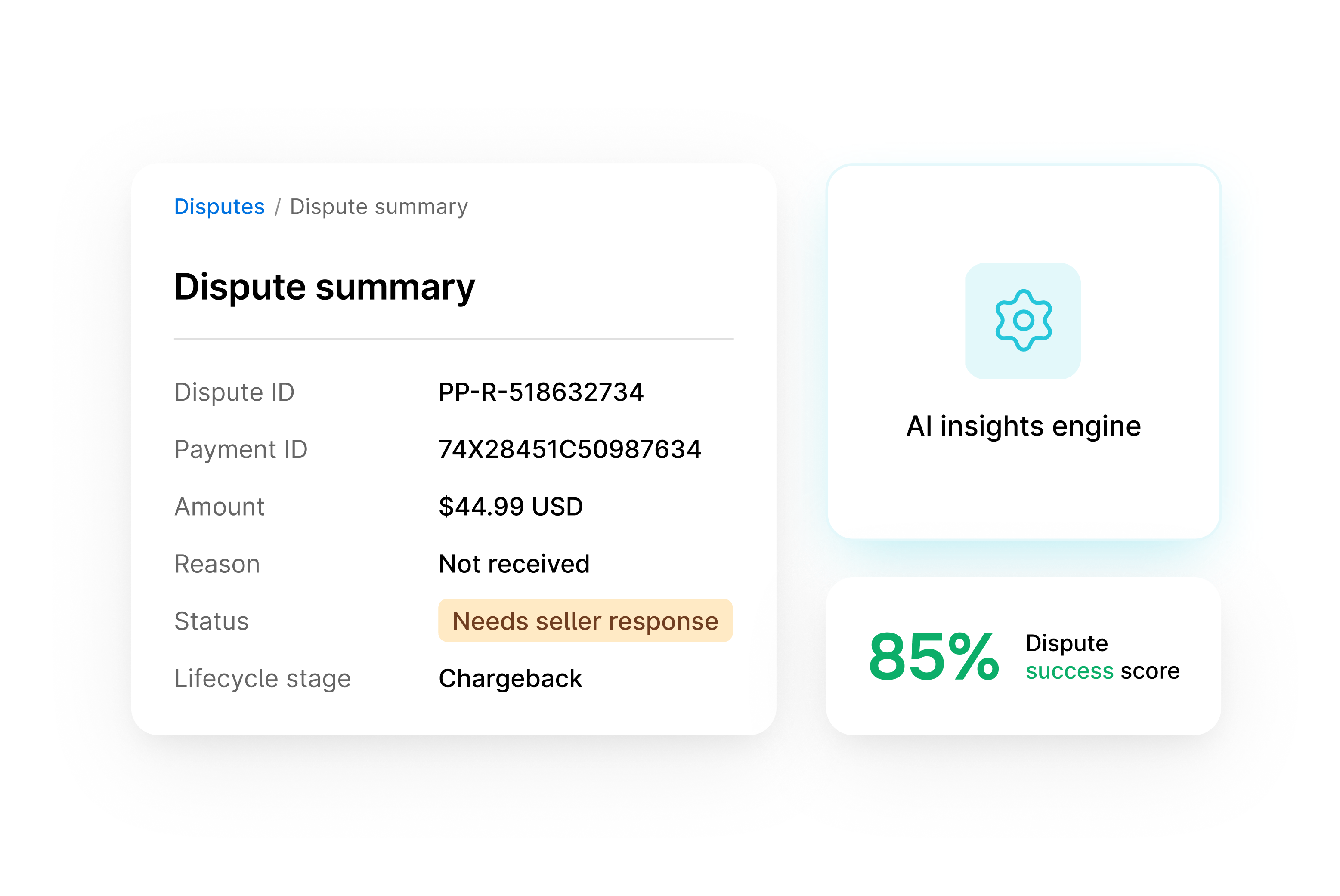 Dispute detail window highlighting AI-powered data and post-enrichment success rate.