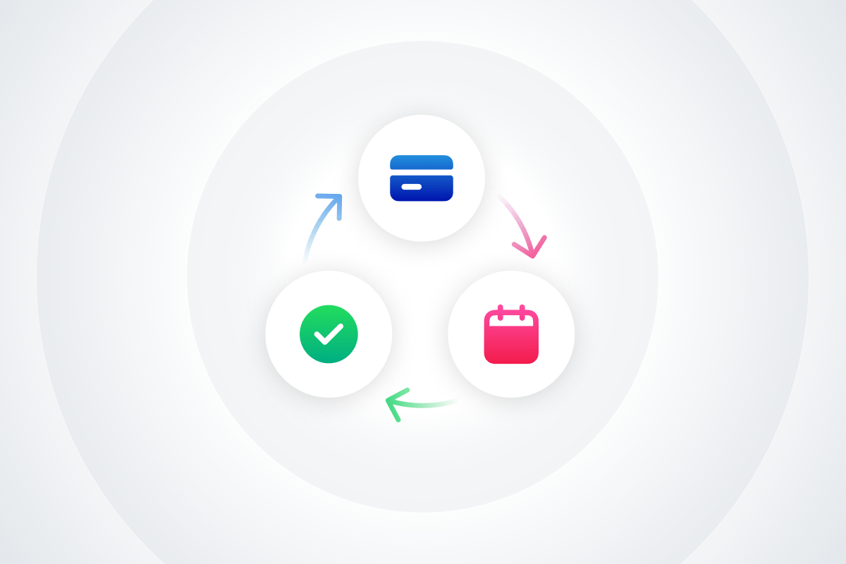This visual represents a streamlined cycle involving transactions, scheduling, and successful completion. It illustrates an efficient, automated subscription billing workflow.