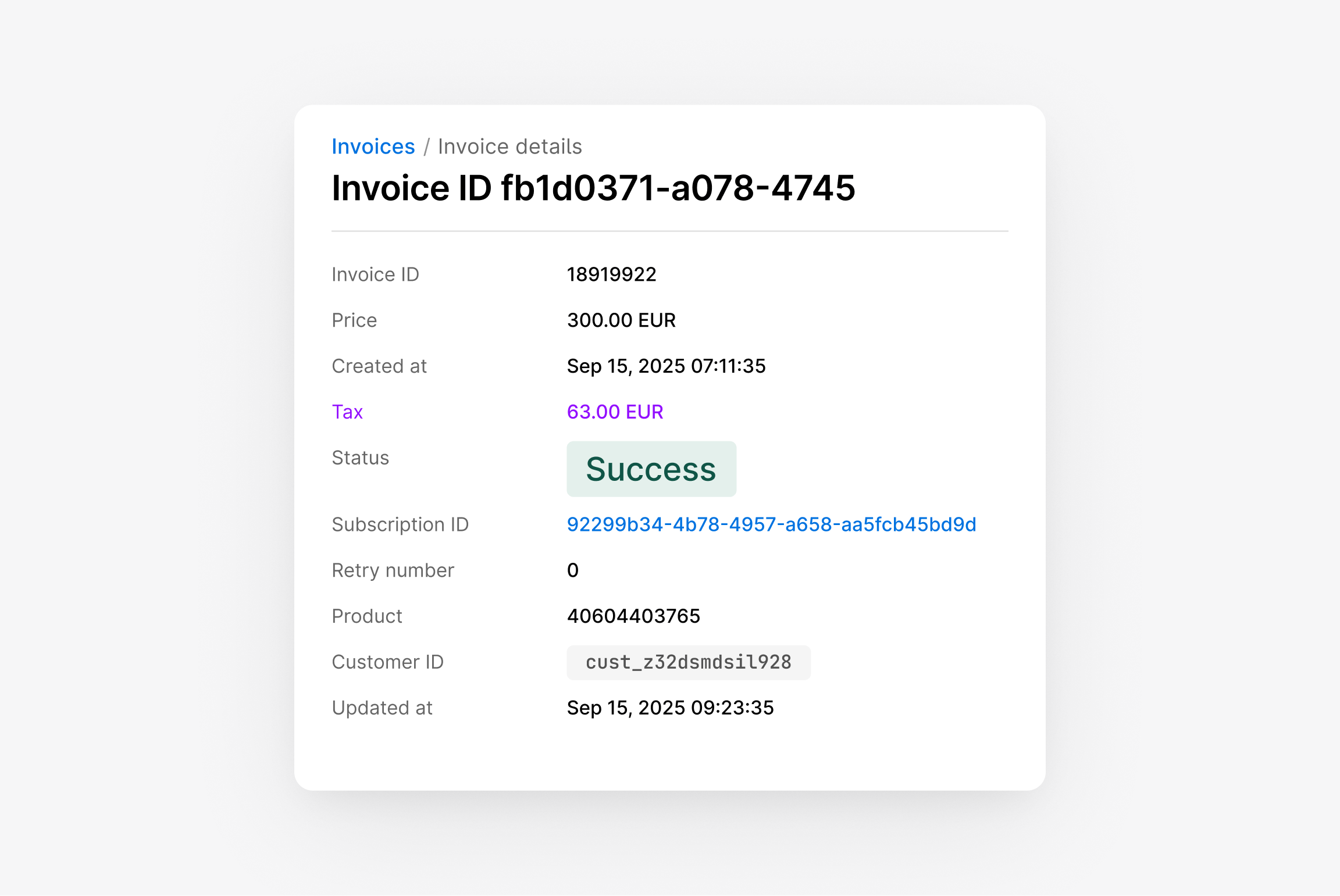 Invoice details card showing amount, tax, date, and status marked as Success.