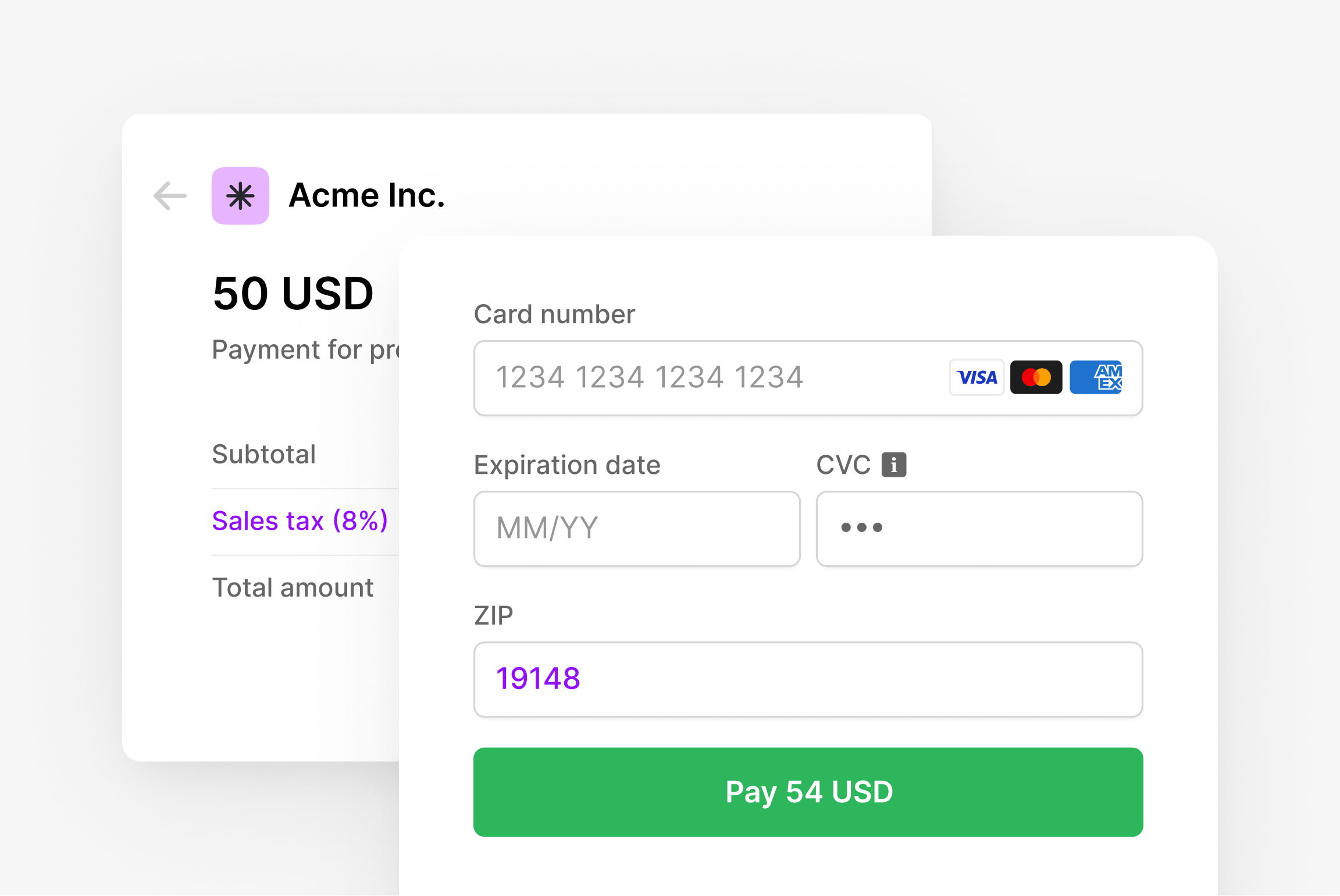 Payment screen for $50 USD, with sales tax and card details for final checkout.
