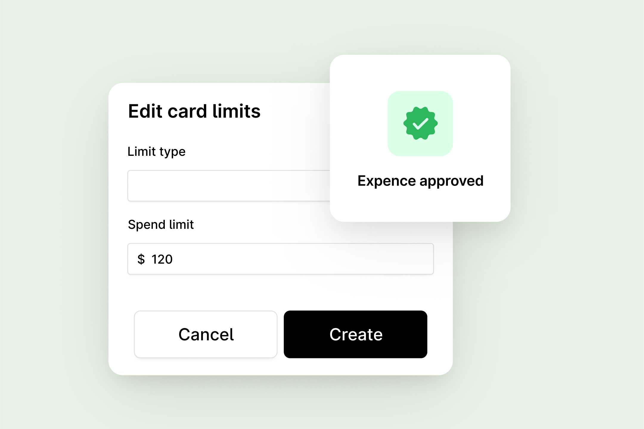 Edit card limits popup: enter spend amount, approve or cancel with green tick.