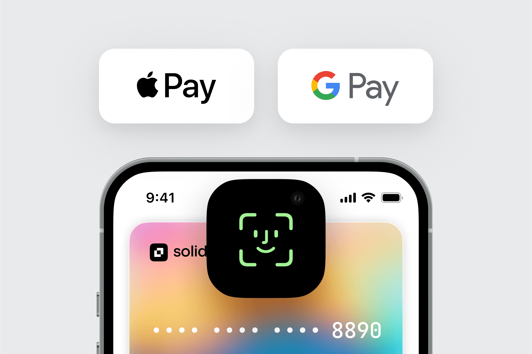 Apple Pay and Google Pay buttons above Face ID-enabled card on phone screen.