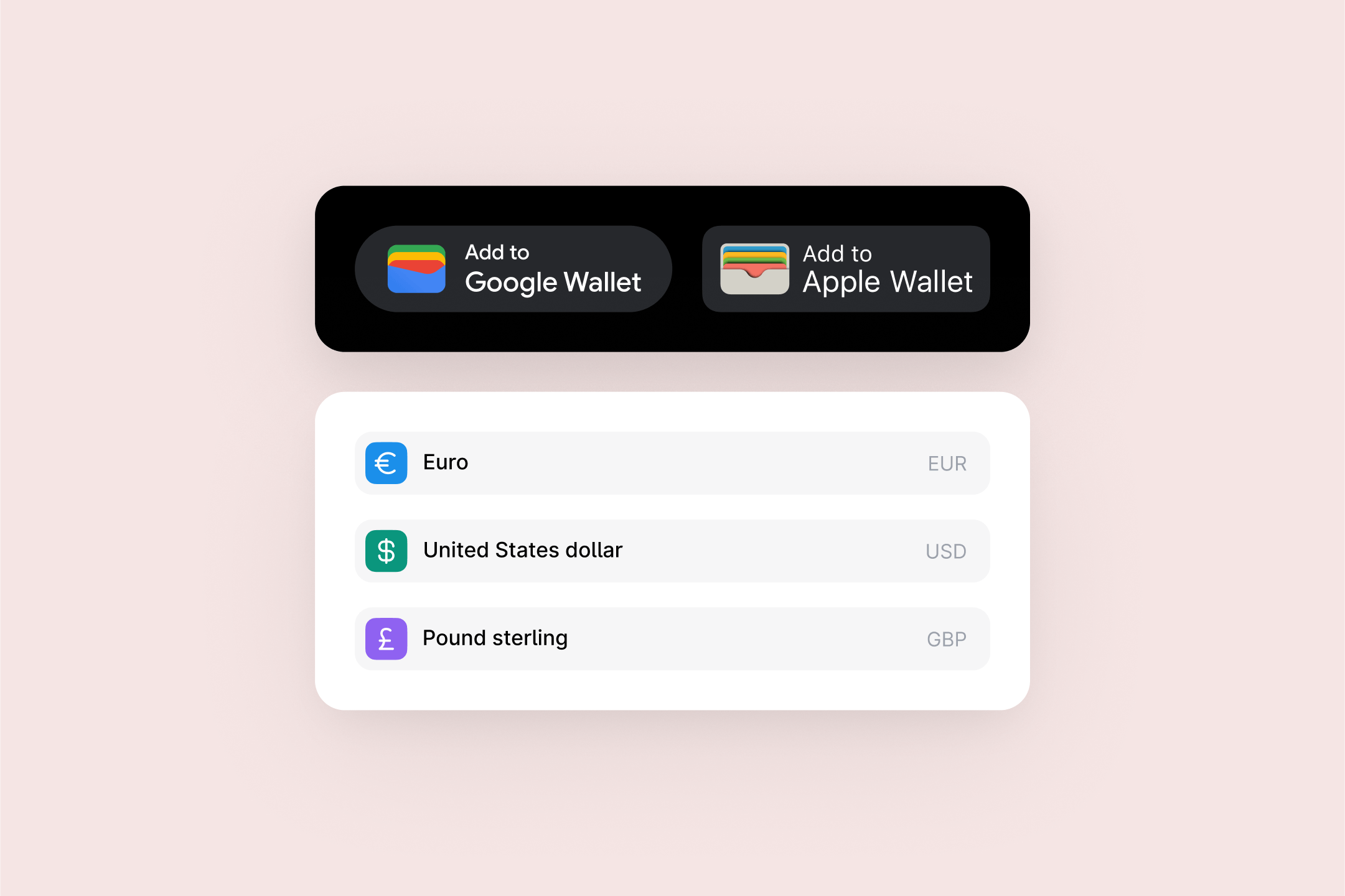 Google Wallet and Apple Wallet buttons above a list of Euro, USD, GBP currency options.