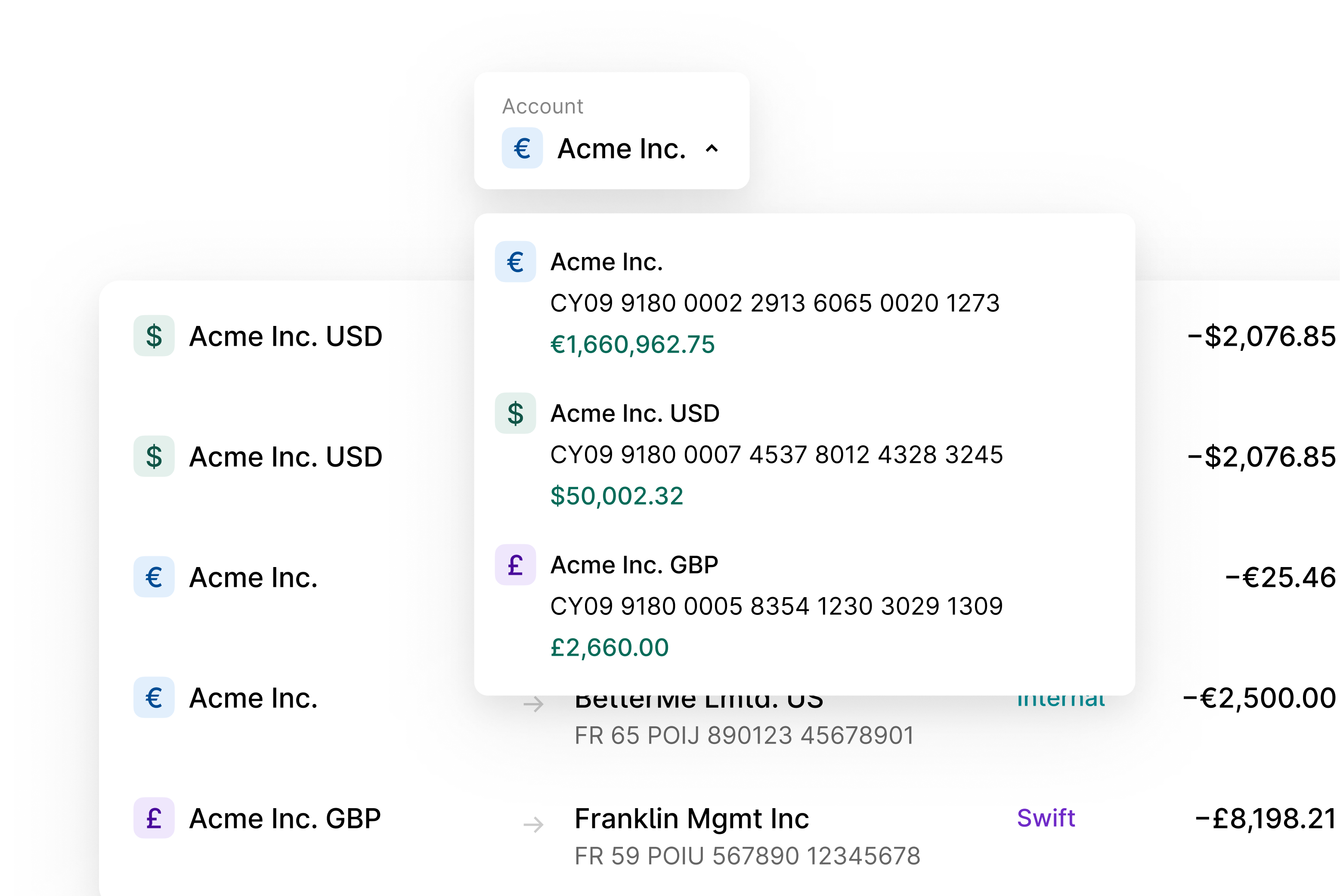 Multi-currency account dropdown shows balances for each available account.