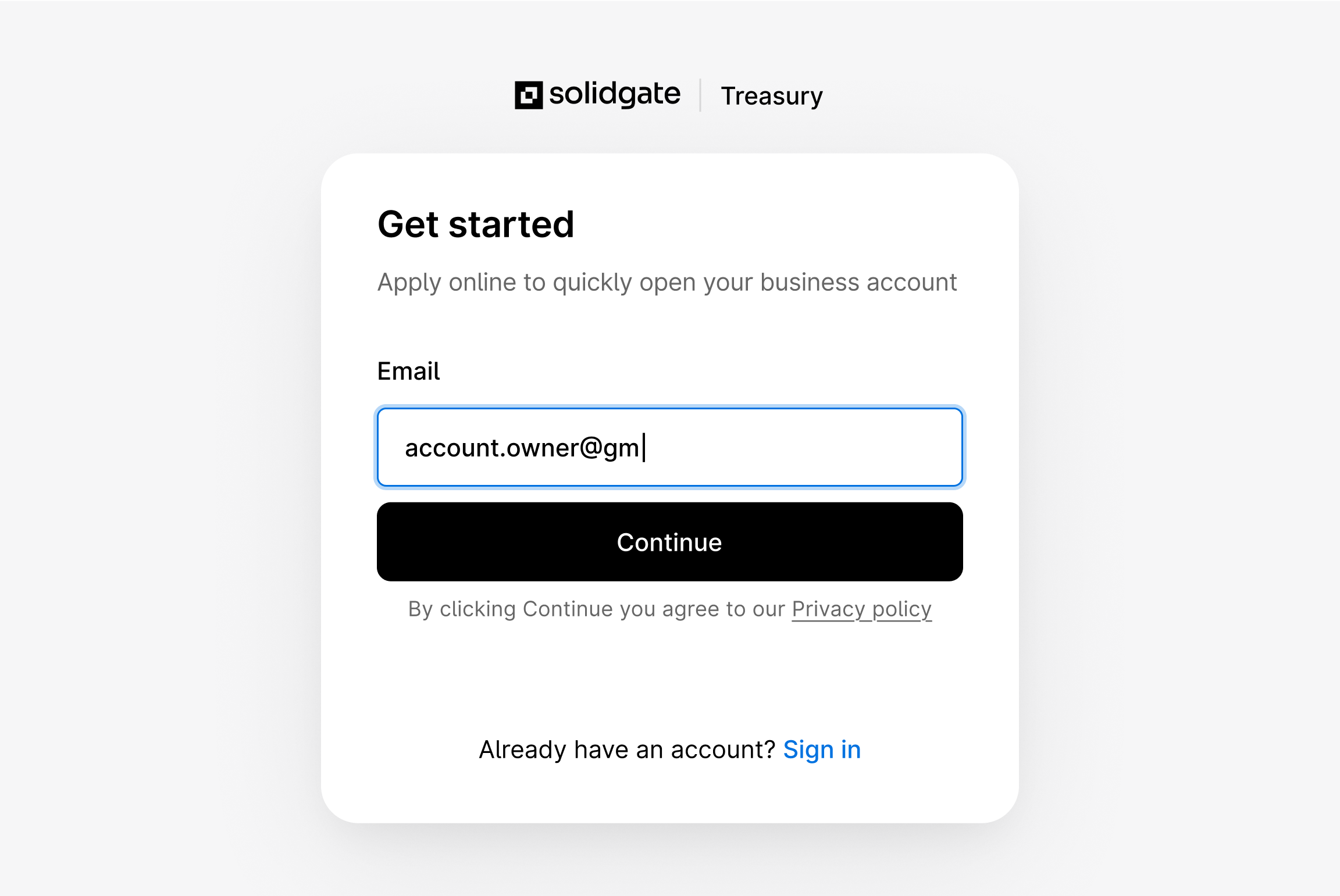 Solidgate Treasury onboarding page prompting user to enter email to open account.