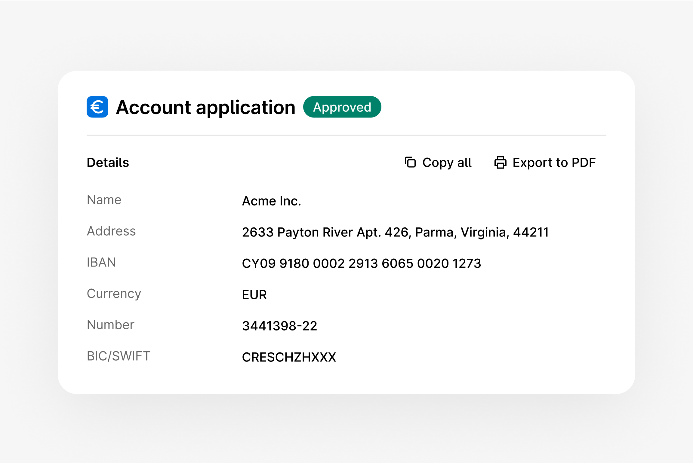 Account application page showing account details.