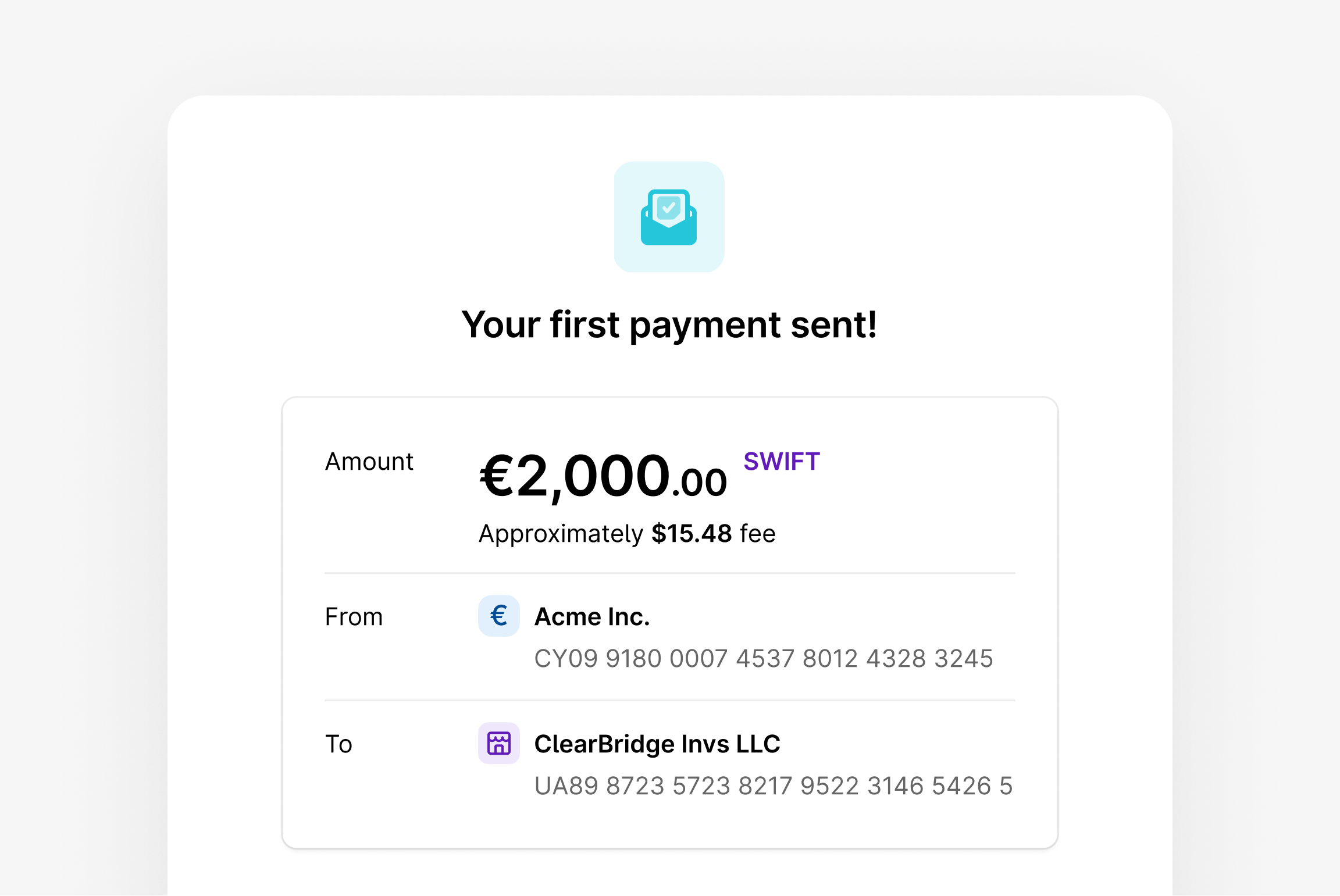 Payment confirmation for €2,000 via SWIFT.