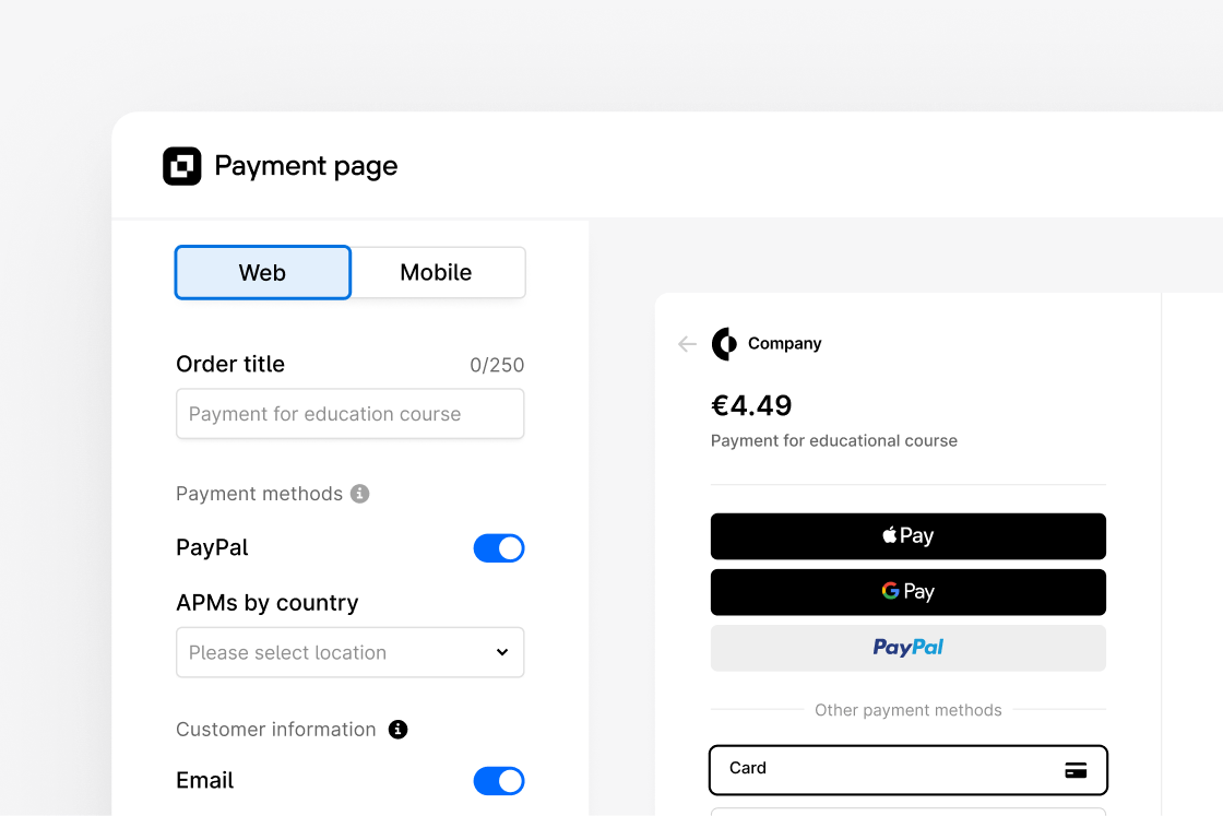 Payment page editor with web and mobile tabs, PayPal and APMs toggled on.