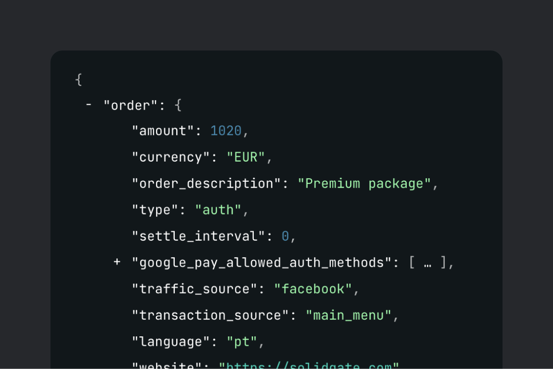 Light-on-dark JSON snippet for a payment order, including order amount and allowed methods.