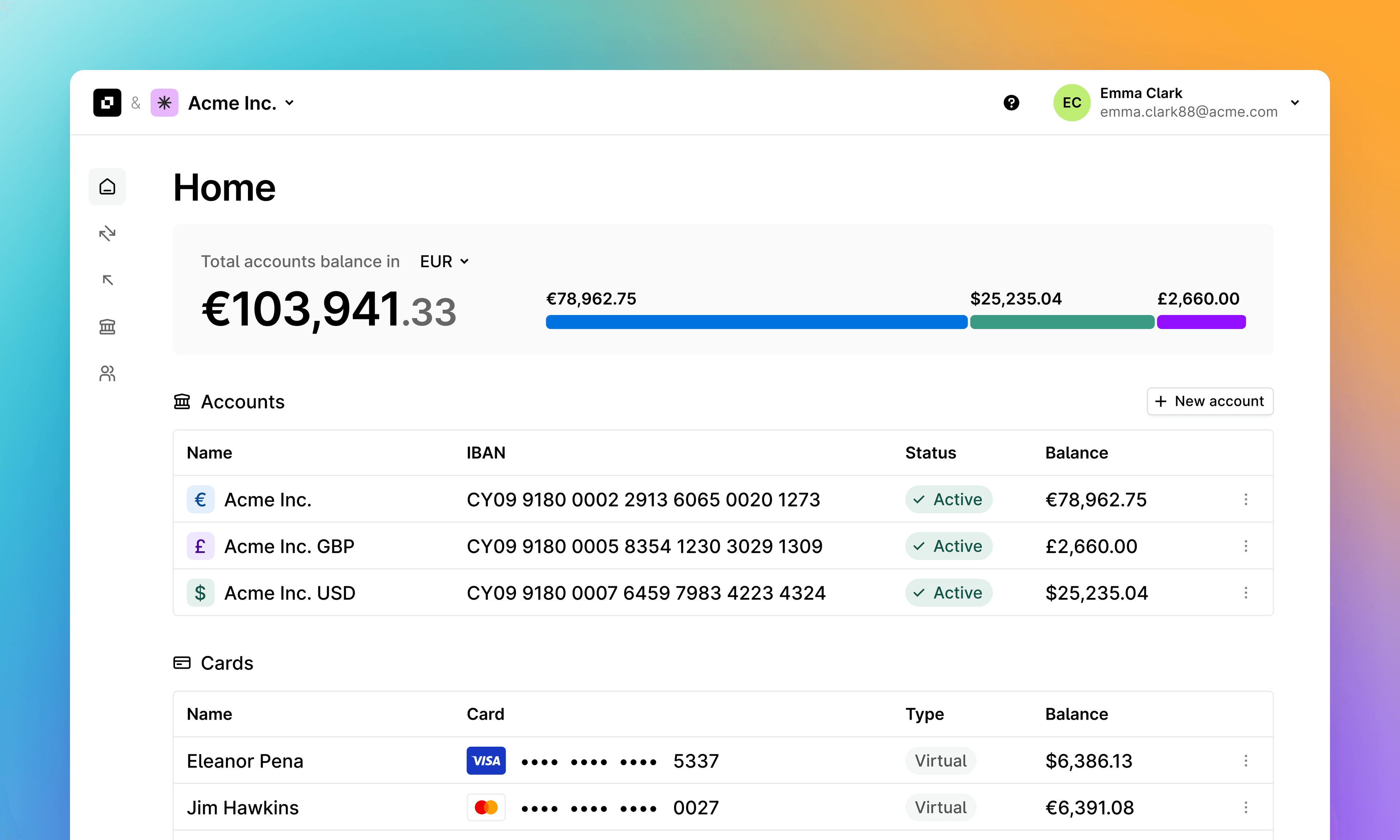 Account home page showing total balance, EUR accounts, cards, and colored chart.