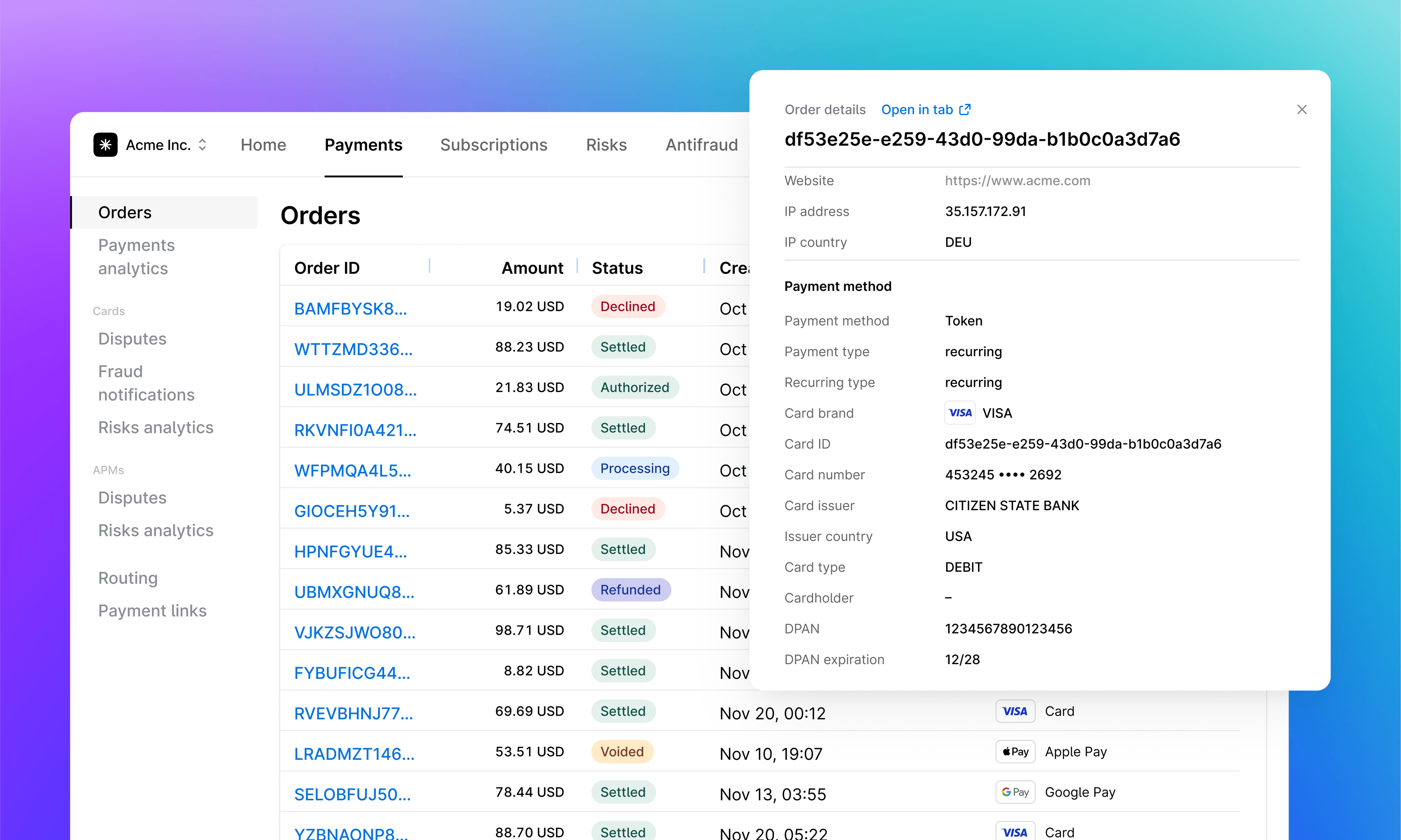 List of orders with detailed view overlay including payment and customer info.