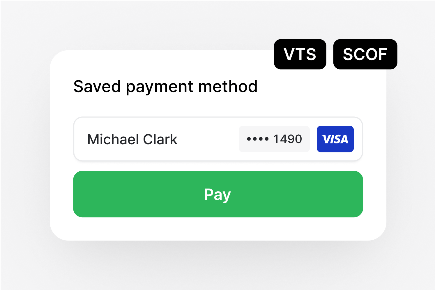 VTS/SCOF label, saved card Visa ending in 1490, and a green pay button.