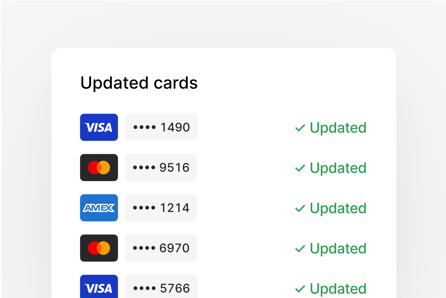 Updated cards list for Visa, Mastercard, Amex, showing last four digits and status.